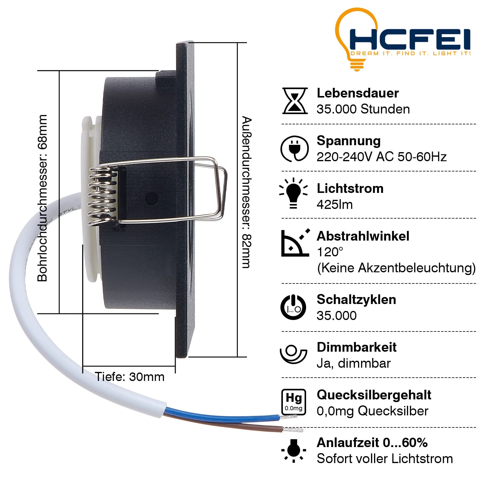 HCFEI Foco empotrable LED ultra plano | 425 lúmenes | 230V 5W | regulable | carcasa cuadrada | giratorio | negro (10er - blanco cálido)