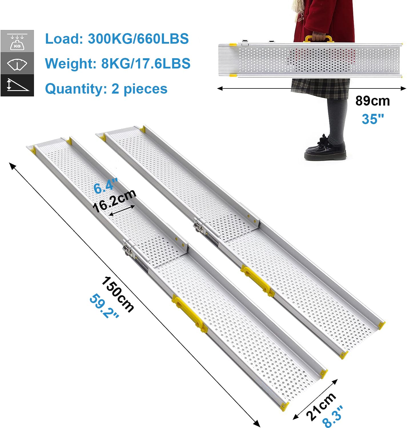 2 Piezas Rampa Telescópica De Silla De Ruedas, Rampa Portátil De Silla De Ruedas Ajustable, Rampa Para Discapacidad De Plataforma Sin Deslizamiento, Adecuado Para Escalones Para El Hogar,150cm