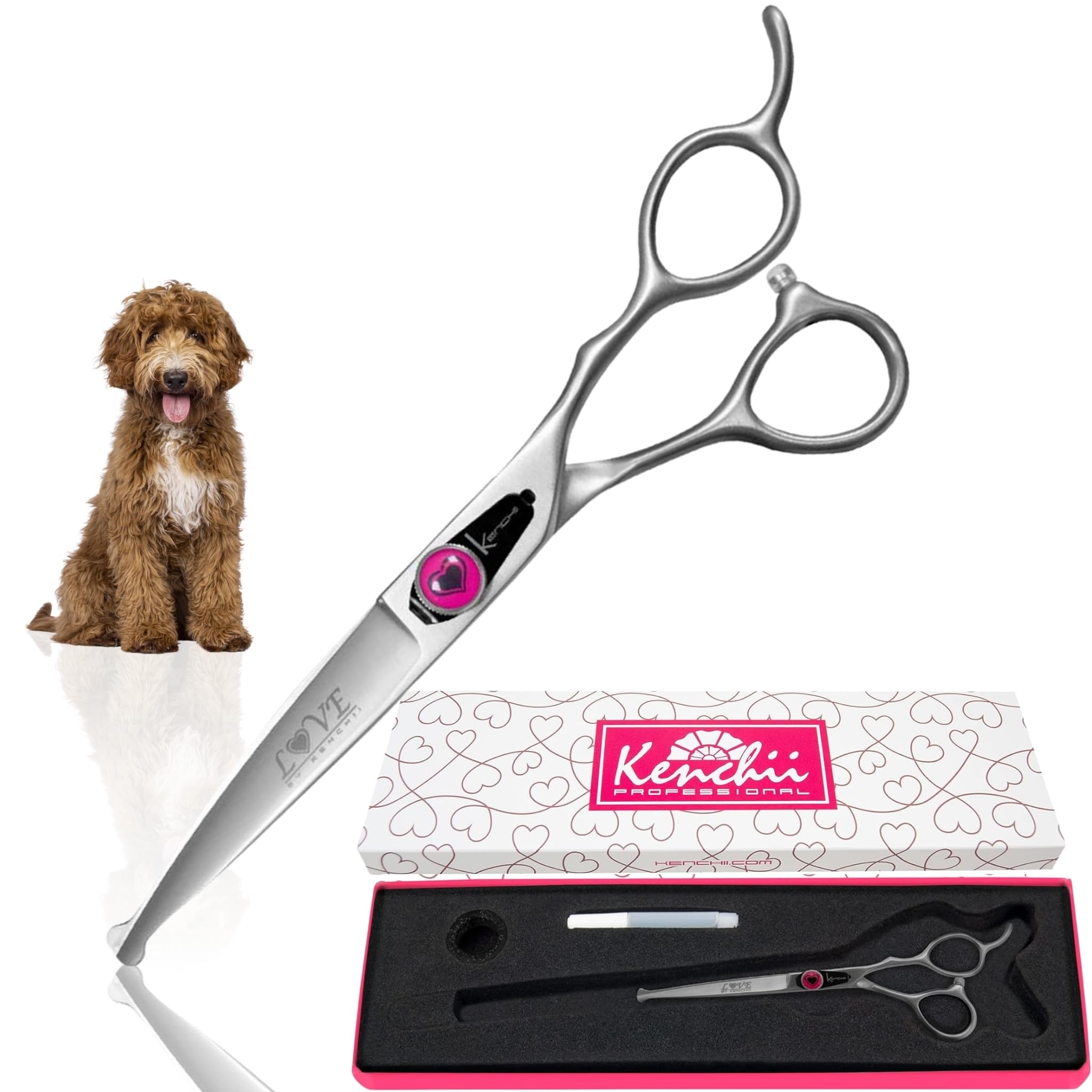 Kenchii Love Dog Grooming Scissors, 6.5 Inch Straight Balltip Shears, Dog Scissors for Grooming, Professional Pet Grooming Scissors, Safety Round Tip Shears