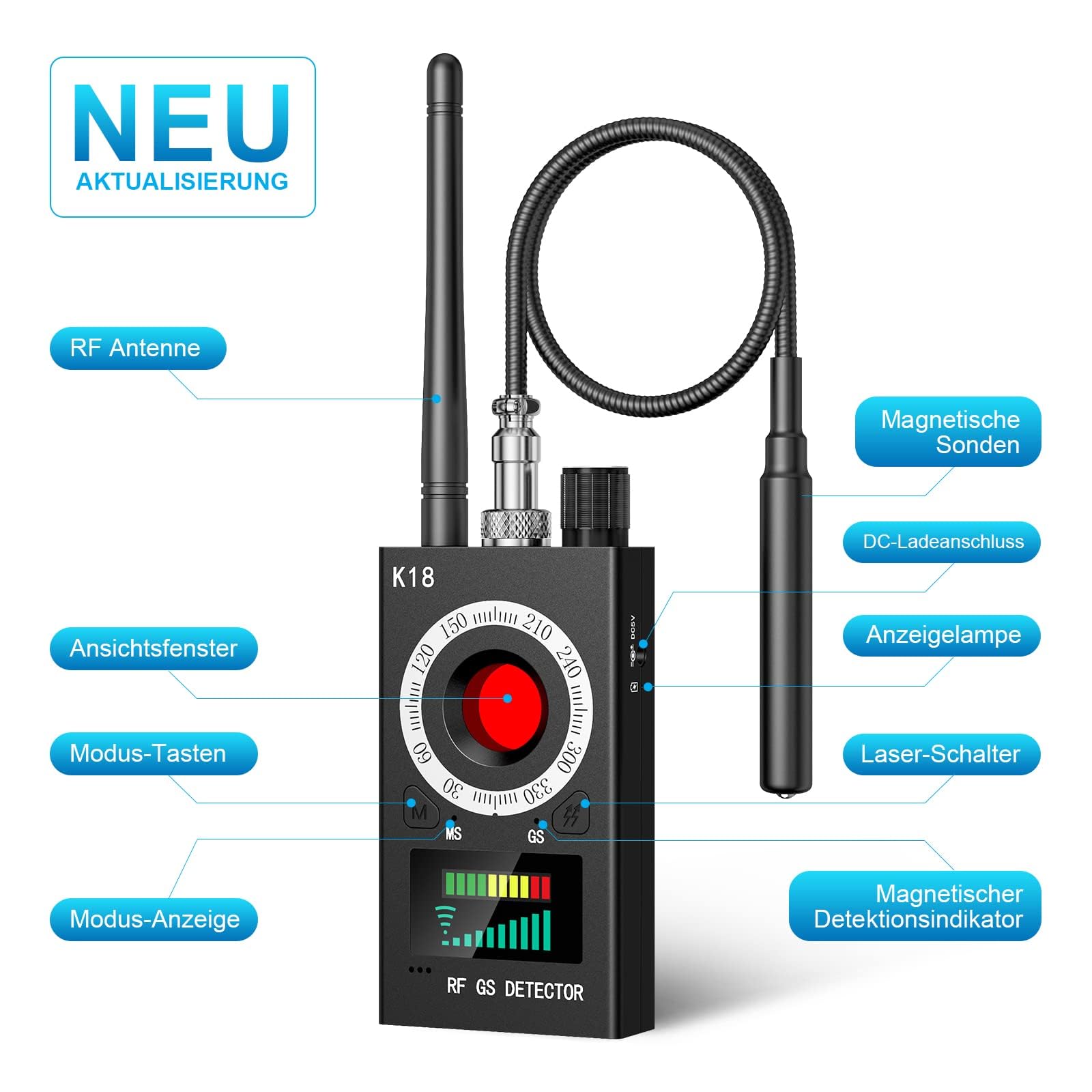 Menborn Wanzen Detektor, Hidden Camera Detector, GPS Spy Finder, Versteckte Kamera Detektor für GSM Tracker Abhörgeräte, Funkkameras Wanzenfinder | GPS-Tracker, HF-Signalscanner, magnetische Erkennung, einstellbare Empfindlichkeit, Hotel und Auto