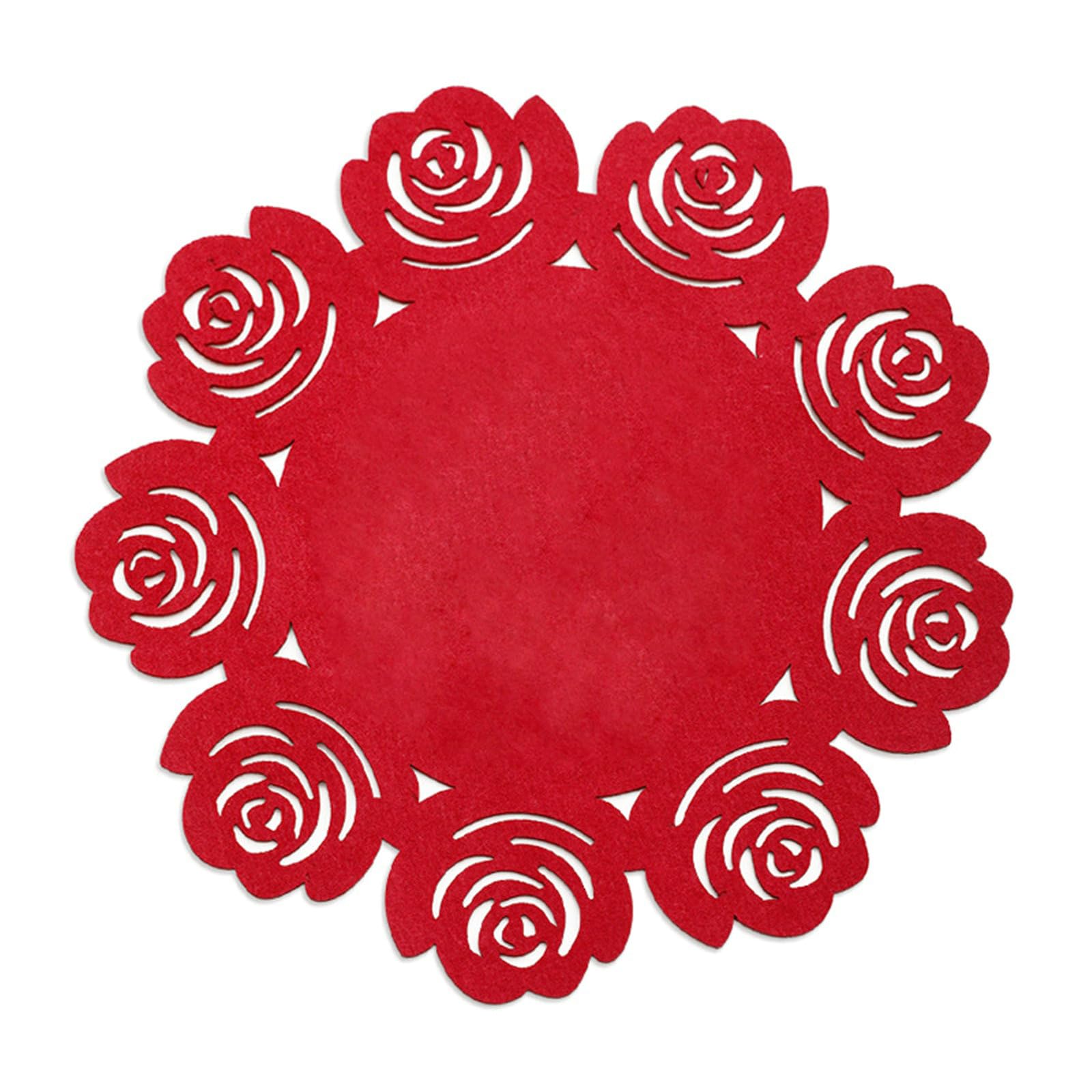 Juego de 10 manteles individuales redondos de fieltro, resistentes al calor, antideslizantes, lavables, color sólido, con forma de rosas huecas, color rojo, para fiestas en casa, bodas