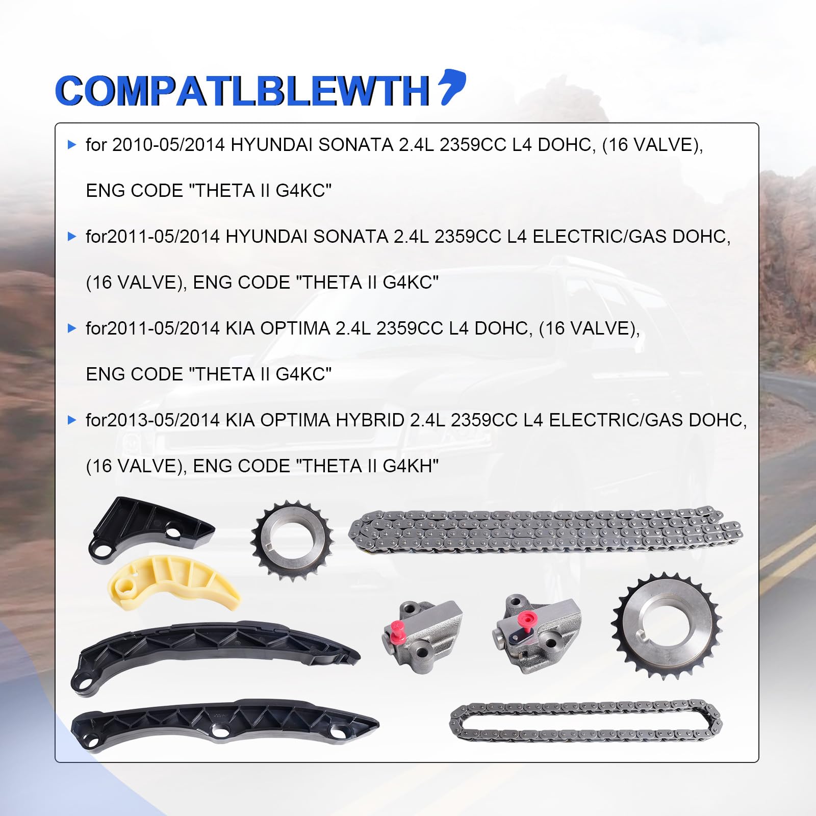 Kit de cadena de distribución para Kia Optima para Hyundai Sonata 2011-2014 2.4L DOHC G4KC - Juego completo con cadena, tensor, guía y piñón de manivela para un rendimiento fiable del motor