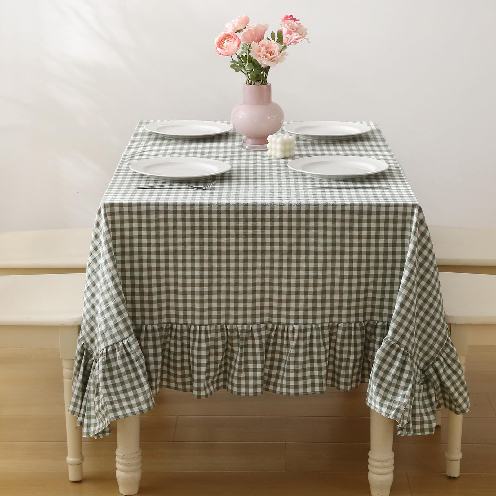 K MASANIJI 100% Cotton Sage Green White Plaid Ruffled Table Cloth Square 60x60 in Cottage Coquette Checker Gingham Vintage Decorative Tablecloth (Sage/White Plaid, 60x60 inches)