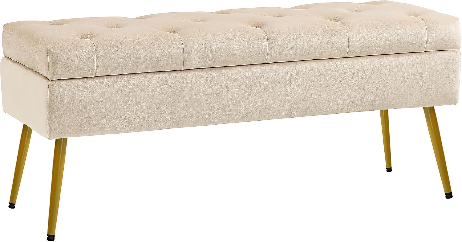 HOMCOM Banco almacenamiento tapa, terciopelo, 102x35x43cm, Beige Banco tapizado, banco cama para pasillo, dormitorio, salón, marco metálico.