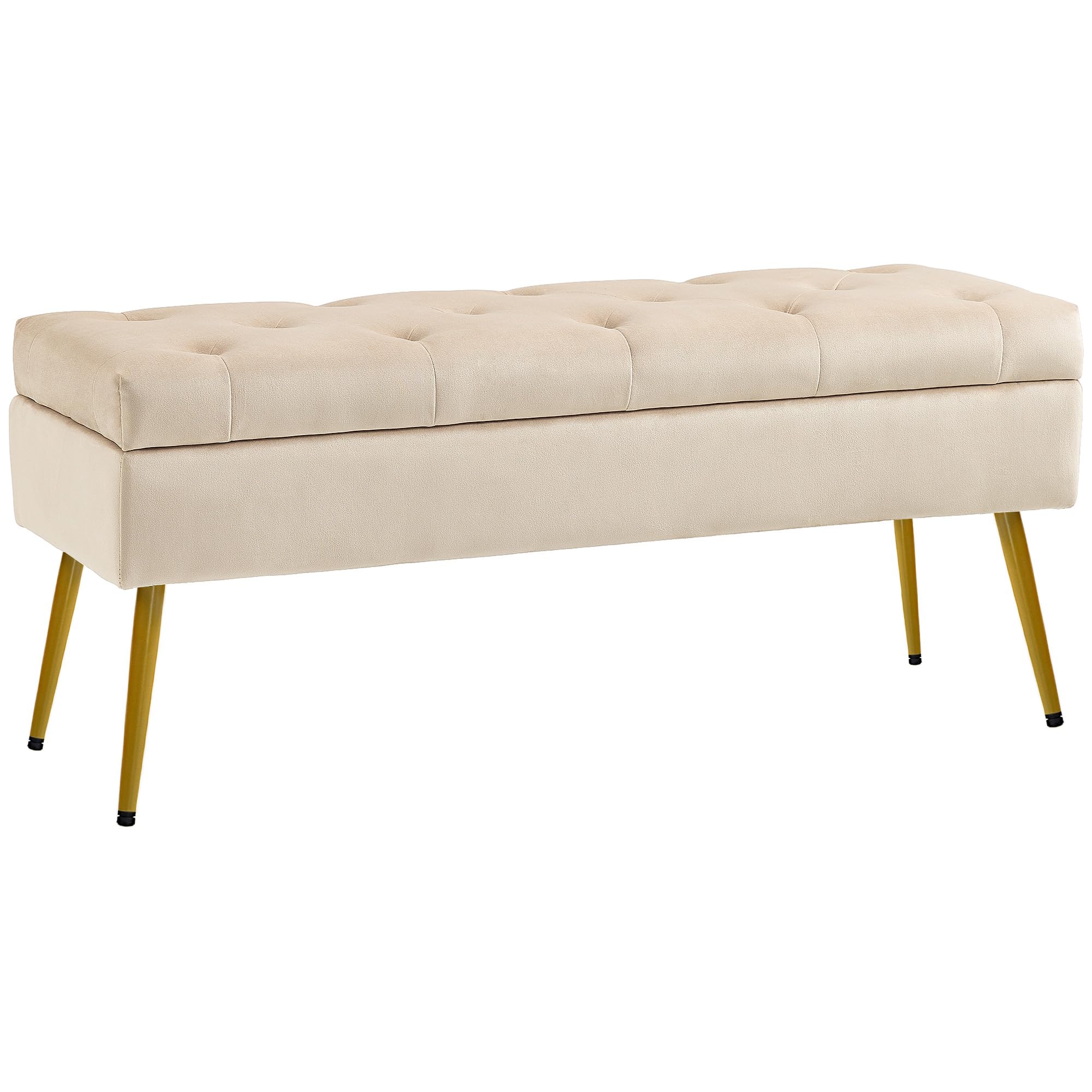 HOMCOM Banco almacenamiento tapa, terciopelo, 102x35x43cm, Beige | Banco tapizado, banco cama para pasillo, dormitorio, salón, marco metálico.
