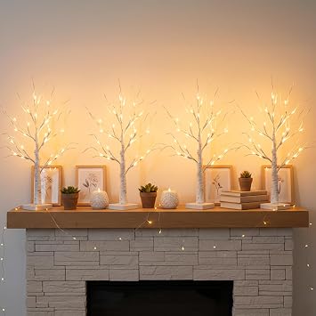 EAMBRITE Home Decorations Light Up White Birch Tree Indoor Christmas Decor, 4 Pack Battery Operated/USB Lighted Tabletop Money Tree Lamp Led Lights Xmas Wedding Centerpiece Table Room (2 Ft)