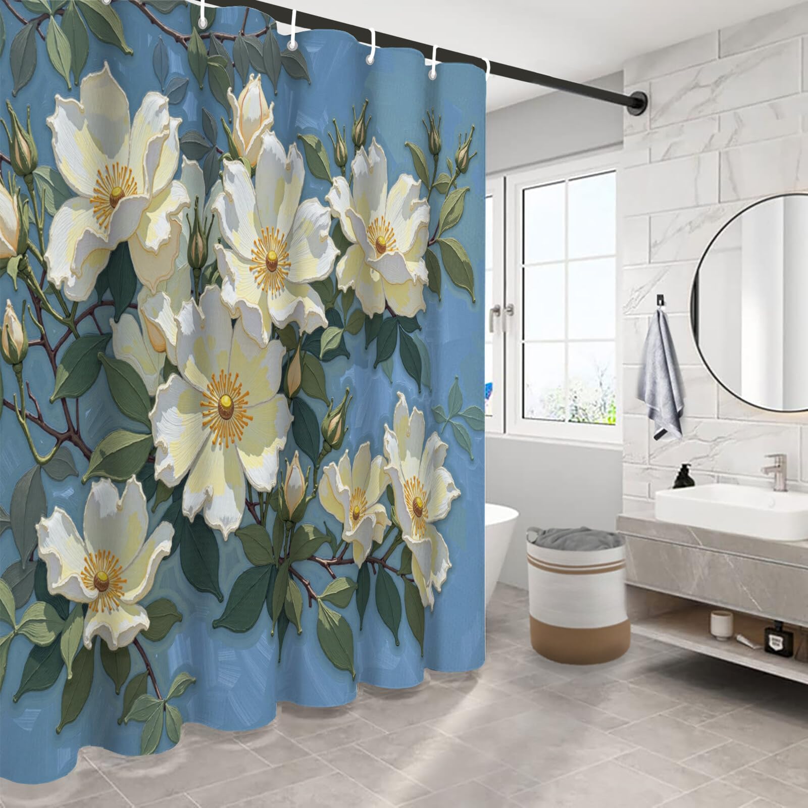 Rideau Douche,Rideau Baignoire Lavable en Machine Rideaux Douche Tissus Lavable Rideau De Baignoire Lavable pour Salle De Bain Domicile Baignoire Famille,Roses Feuilles Vertes,