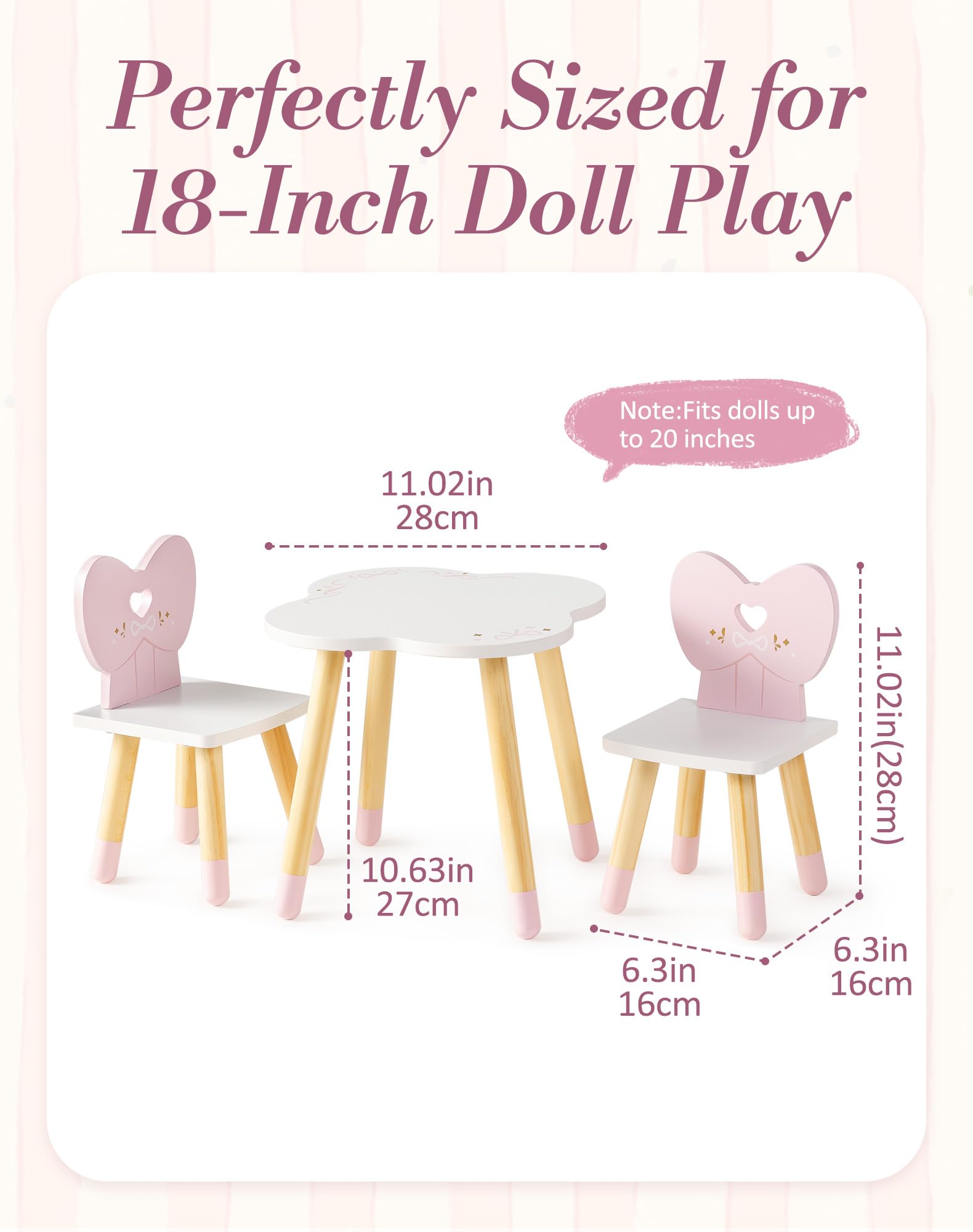 ROBOTIME Puppen-Esstisch mit 2 Stühlen aus Holz, Ballet Series, Rosa | Für 16–18 Zoll Puppen, mit Herz- und Schleifenlehnen, für Mahlzeiten, Lernen, Teepartys und fantasievolle Rollenspiele