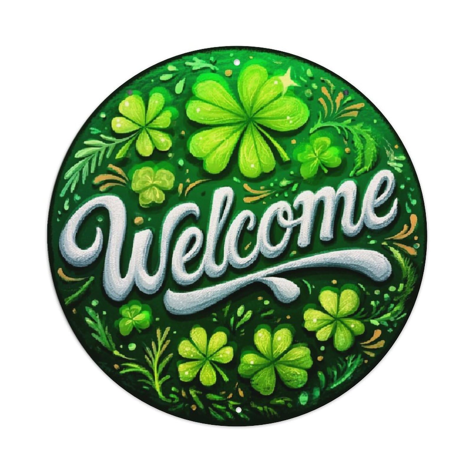 Green Clover Welcome Pattern Design Retro Metal Sign Round Tin Sign, Vintage Decor Art Poster for Bar, Home, Man Cave, Kitchen, Laundry Room Gift 8x8Inch
