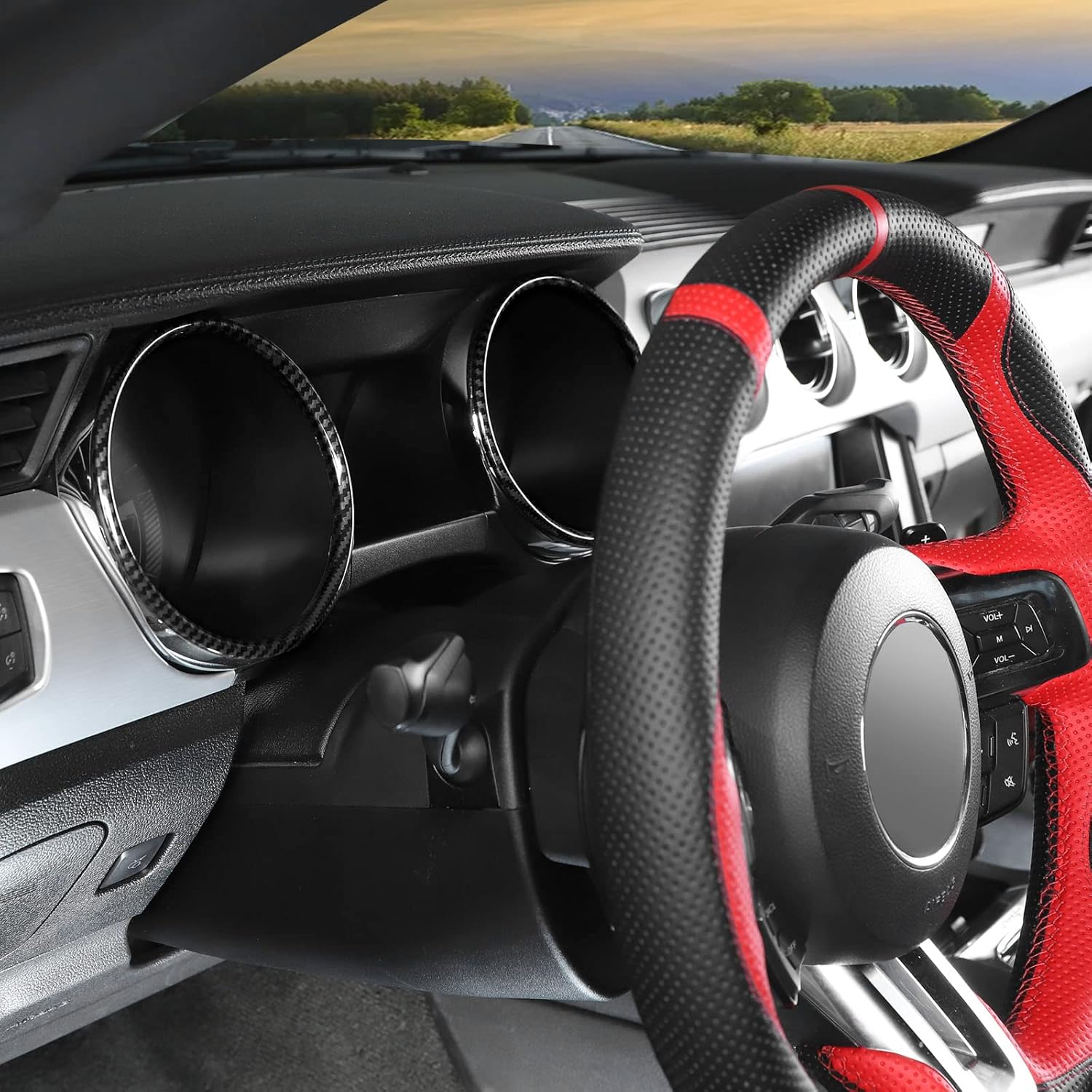 RT-TCZ Carbon Fiber Dashboard Cover Dash Board Instrument Ring Cover Trim Decoration Interior Accessories for Ford Mustang 2015-2018