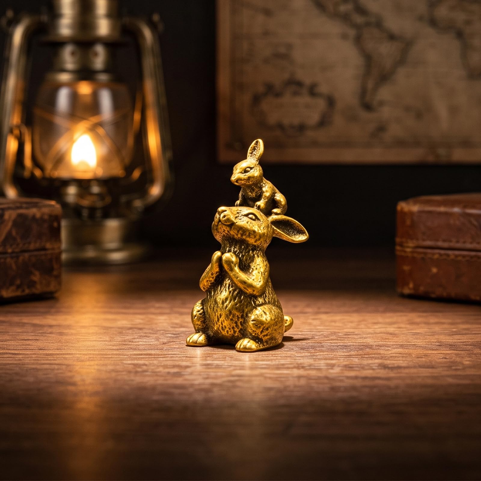 Betr Brsas 100% Solid Brass Mother Bunny with Baby Figurine, Vintage Rabbit Family Statue, Mini Collectible Brass Animal Desk Decor for Bookshelf, Office, Home Shelf & Gift for Bunny Lovers