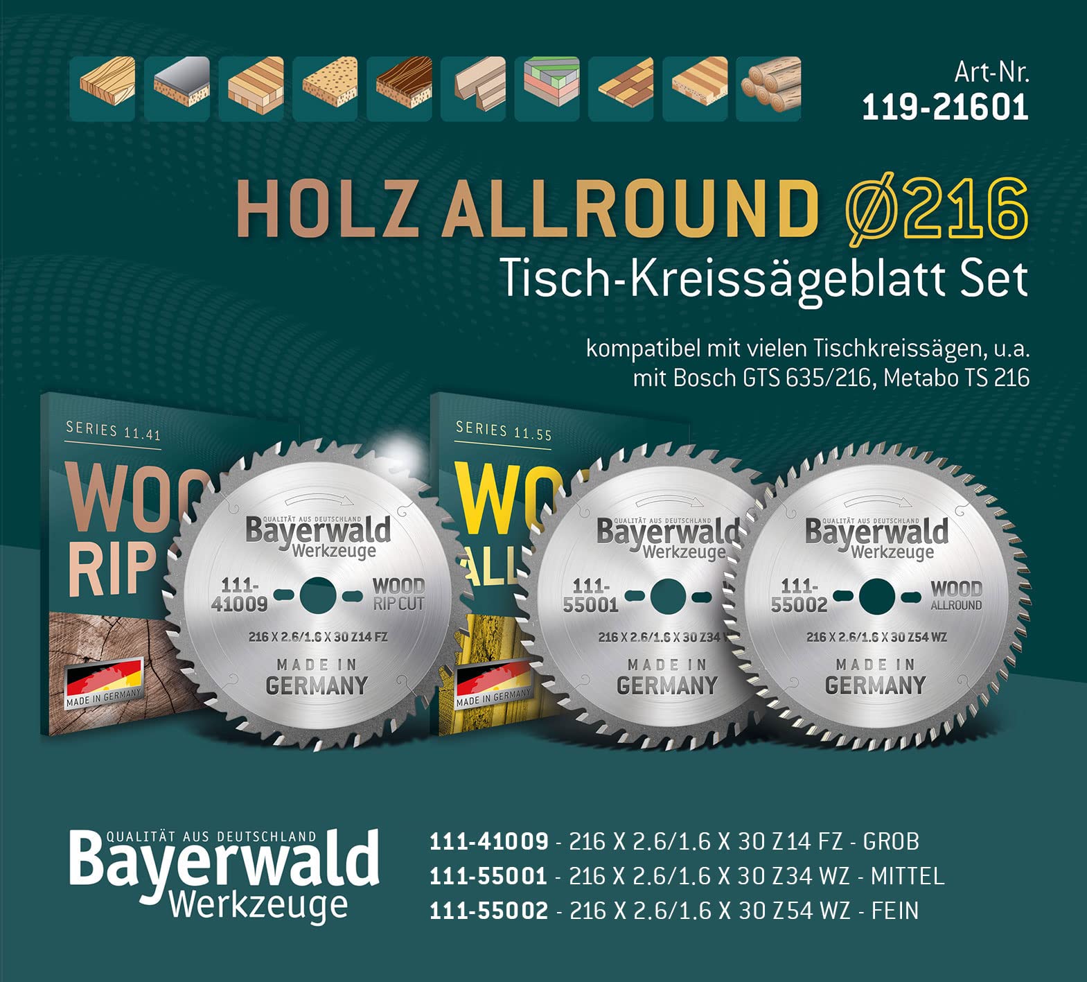 Juego de hojas de sierra circular Bayerwald Ø 216 (3 piezas) - para metales no ferrosos y madera - adecuado para sierras de mesa, por ejemplo, para Bosch GTS 635 y Metabo TS 216 y muchas más.