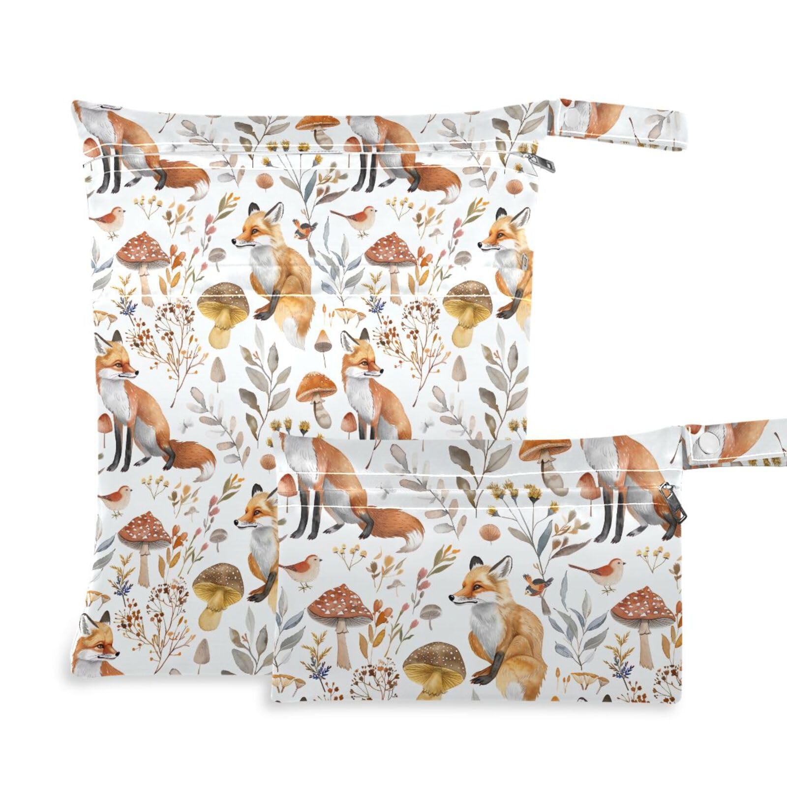 Coikll Wet Dry Bags for Cloth Diaper 2 Pack Waterproof Yoga Gym Bag for Swimsuit Wet Clothes Baby Items-?Fox and Mushroom?