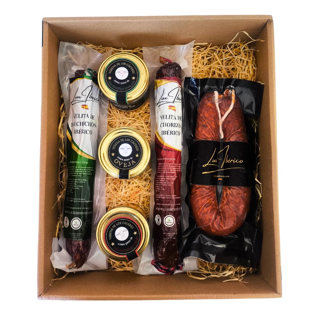 Cesta Gourmet "Turgalis" - Embutido Ibérico, Morcilla y Queso de Oveja | Velitas de chorizo y salchichón ibérico, morcilla patatera dulce y tres cremas de queso de oveja. Lista para regalar.