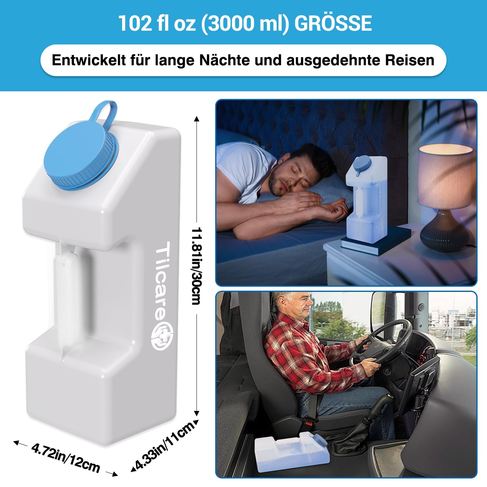 Tilcare Tragbare Urinale für Männer – Auslaufsicher, Nachtleuchtender Deckel – 3000 ml/101 oz, Urinflasche für Männer, Herren-Urinal, Urinbehälter, Männer-Urinalflasche, Pinkelkanne