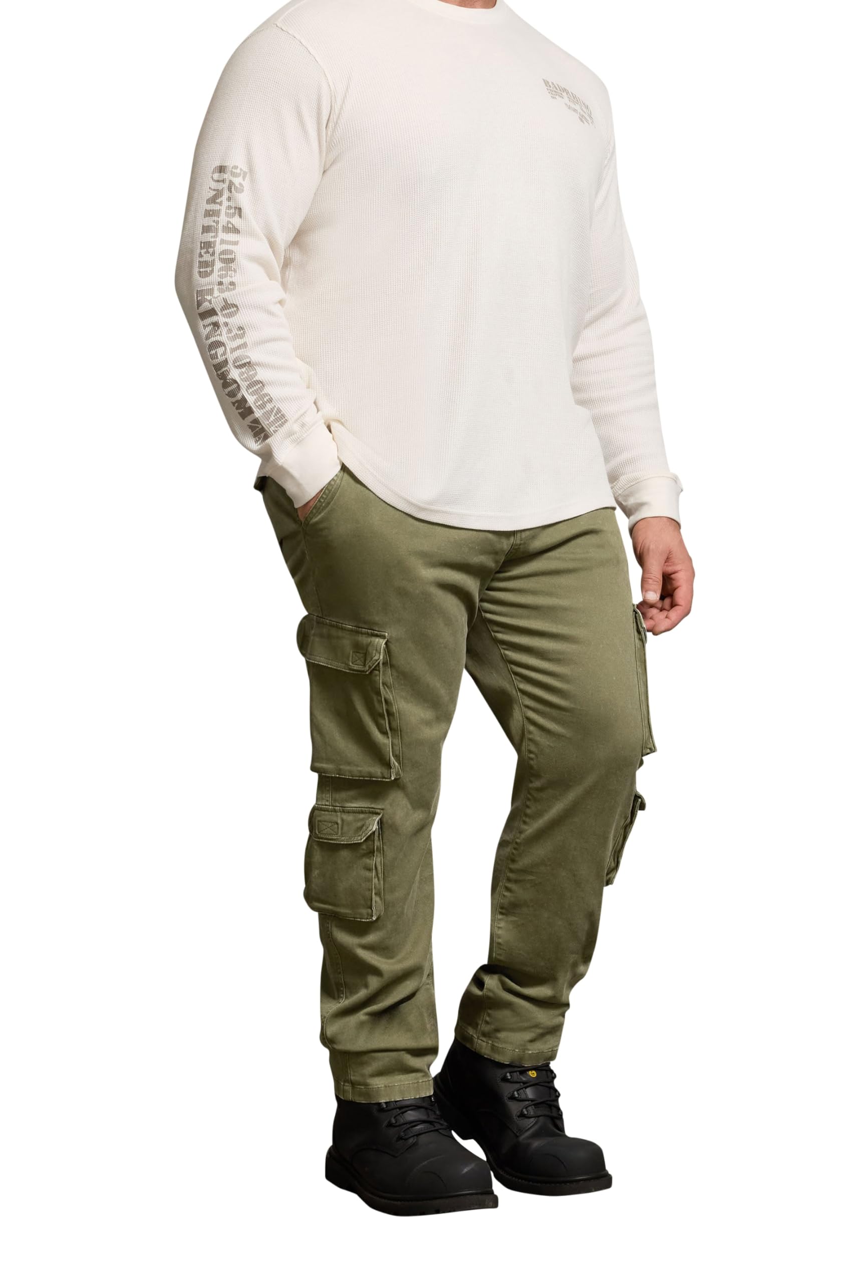 Badrhino Men's Olive Big & Tall Green Acid Wash Double Pocket Cargo Trousers - Plus Size Curve