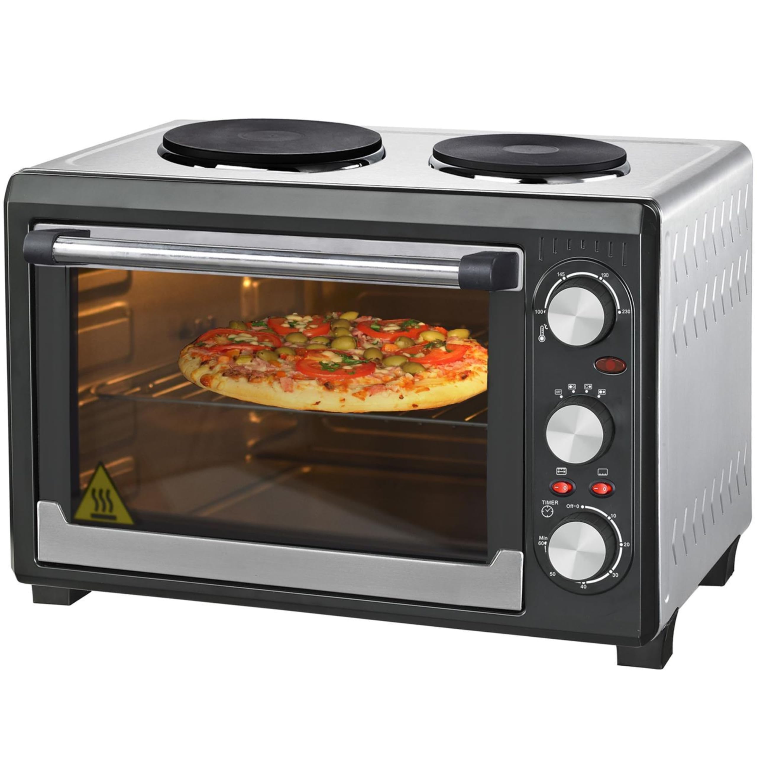 Syntrox Germany 26 l Minibackofen 2 Kochplatten Etass | Kleinküche | Miniofen | Pizzaofen, für kleine Küchen, mit Timer, inklusive Zubehör, Platzsparend, Miniherd