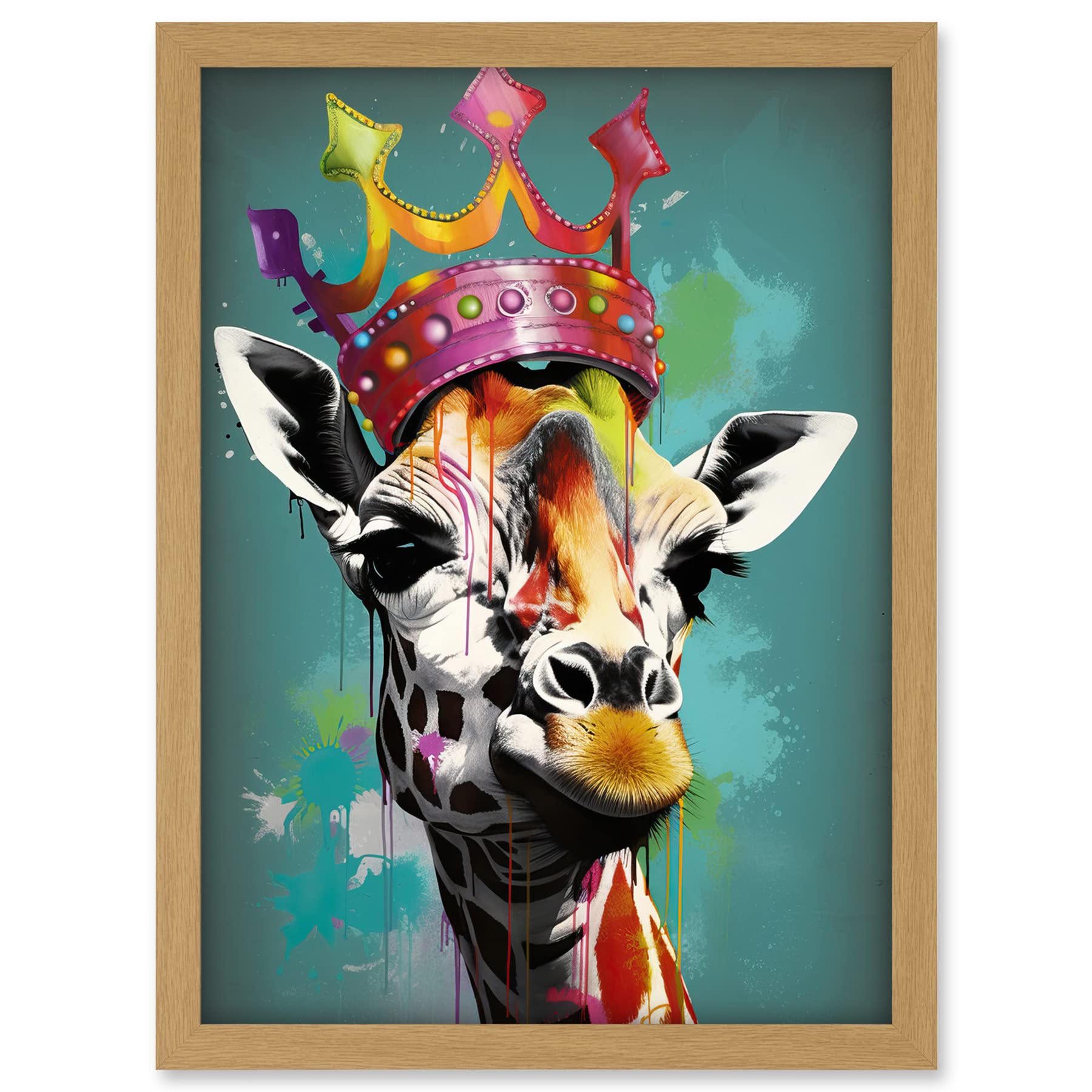 Artery8 Giraffe Wearing Rainbow Crown King Queen Pop Art Artwork Framed A3 Wall Art Print