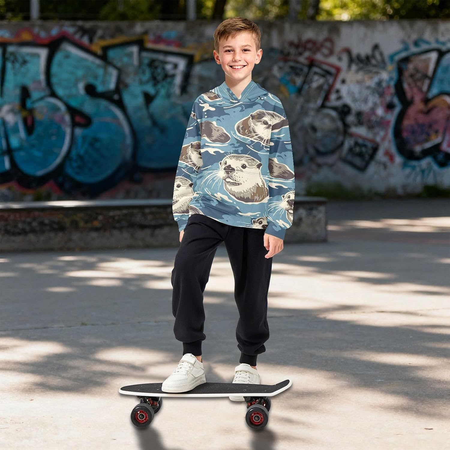 ZZXXB Cartoon Otters Kids Sweatshirts Boys Girls Hooded Kangaroo Pocket Pullover Tops XS-XXL
