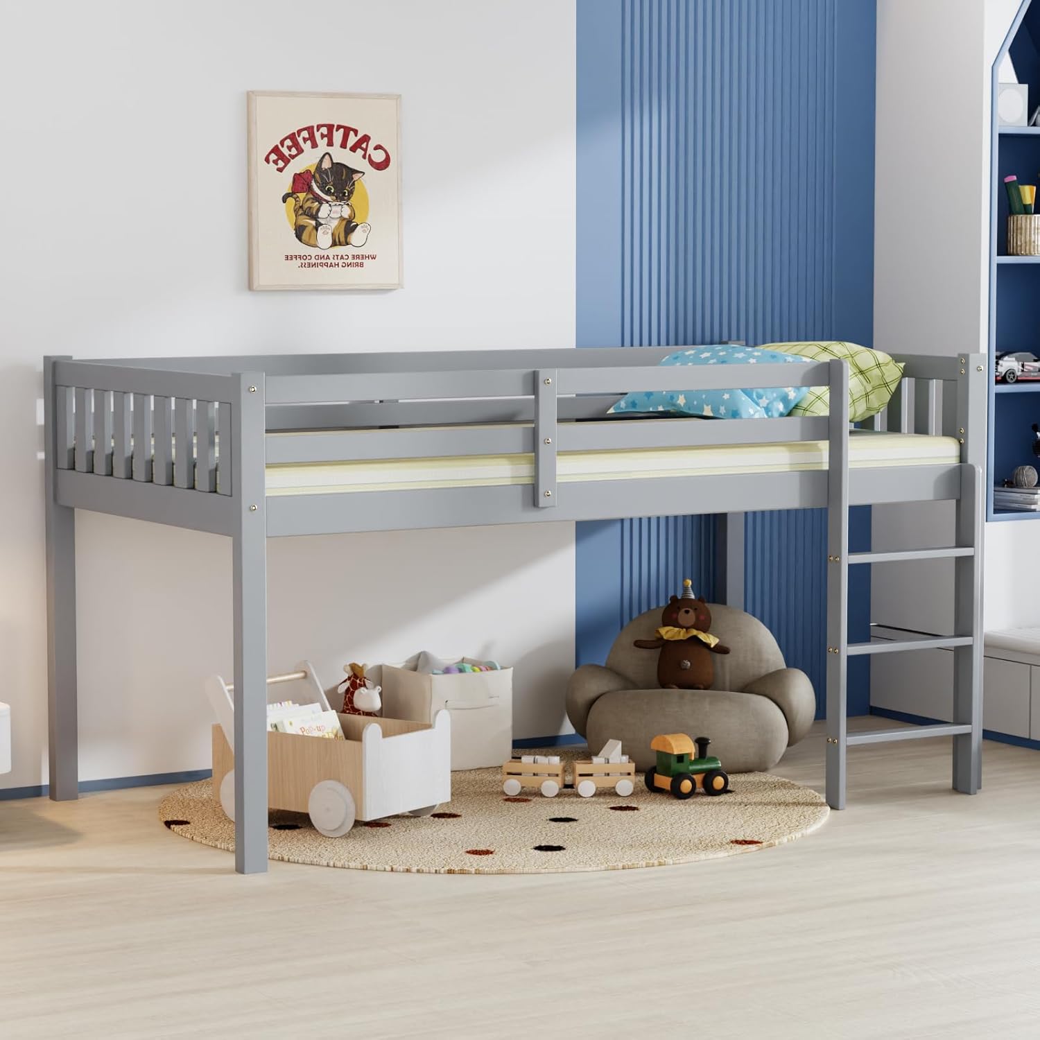 JOYMOR Low Loft Bed in a child's room with toys