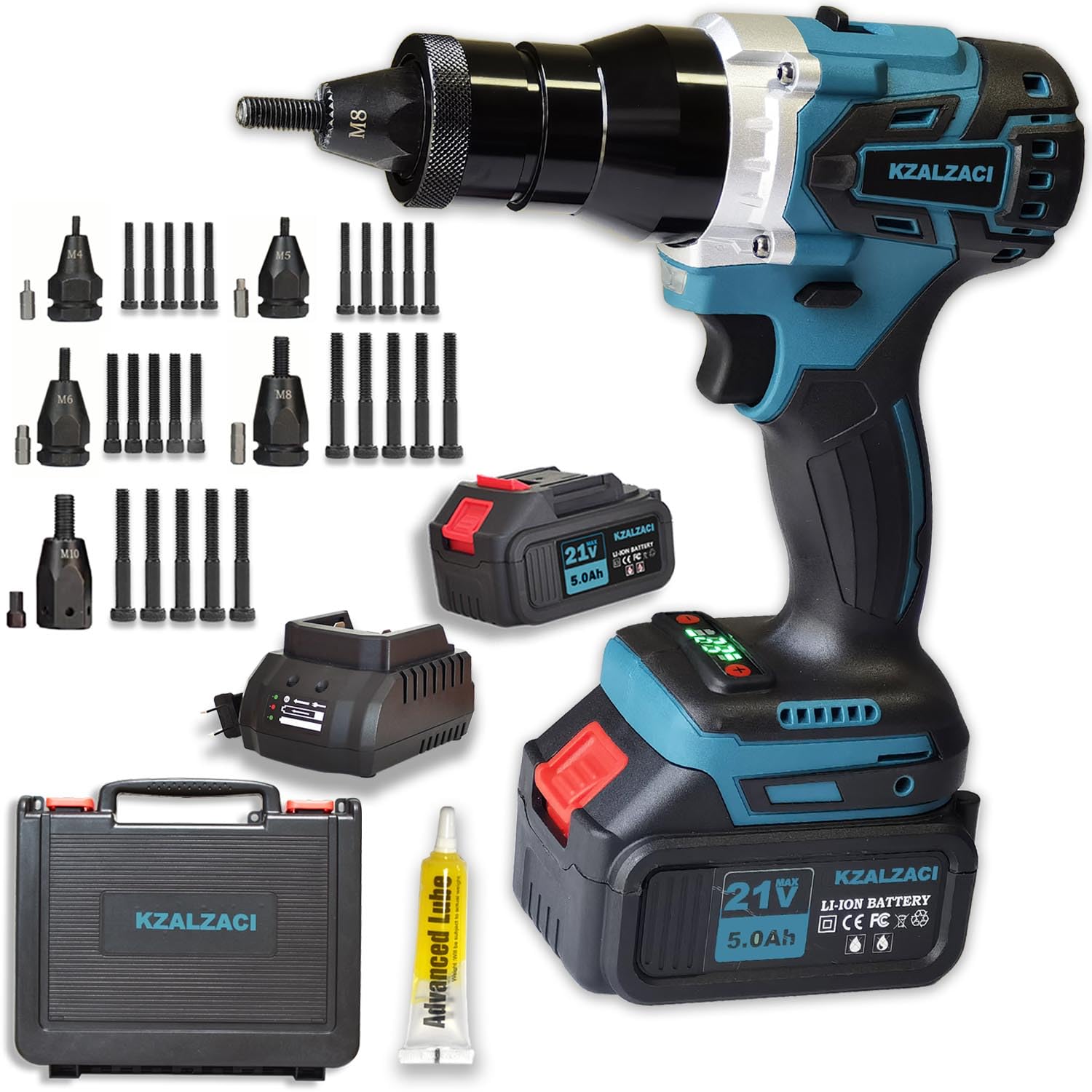 kzalzaci Cordless Rivet Nut Tool, Battery Powered Rivet Nut Gun for Metric Nutserts M4-M5-M6-M8-M10, Auto/Manual Nut Riveting, Memory Function, 5.0Ah Battery