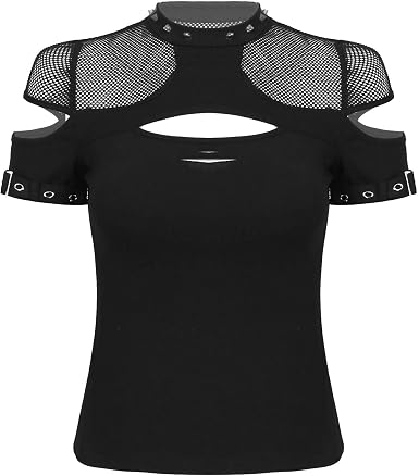 Amazon.com: dPois - Camiseta corta corta con cuello redondo con remaches de  manga corta corta con abertura en la parte delantera abierta y con parte  trasera de red para mujer : Ropa,