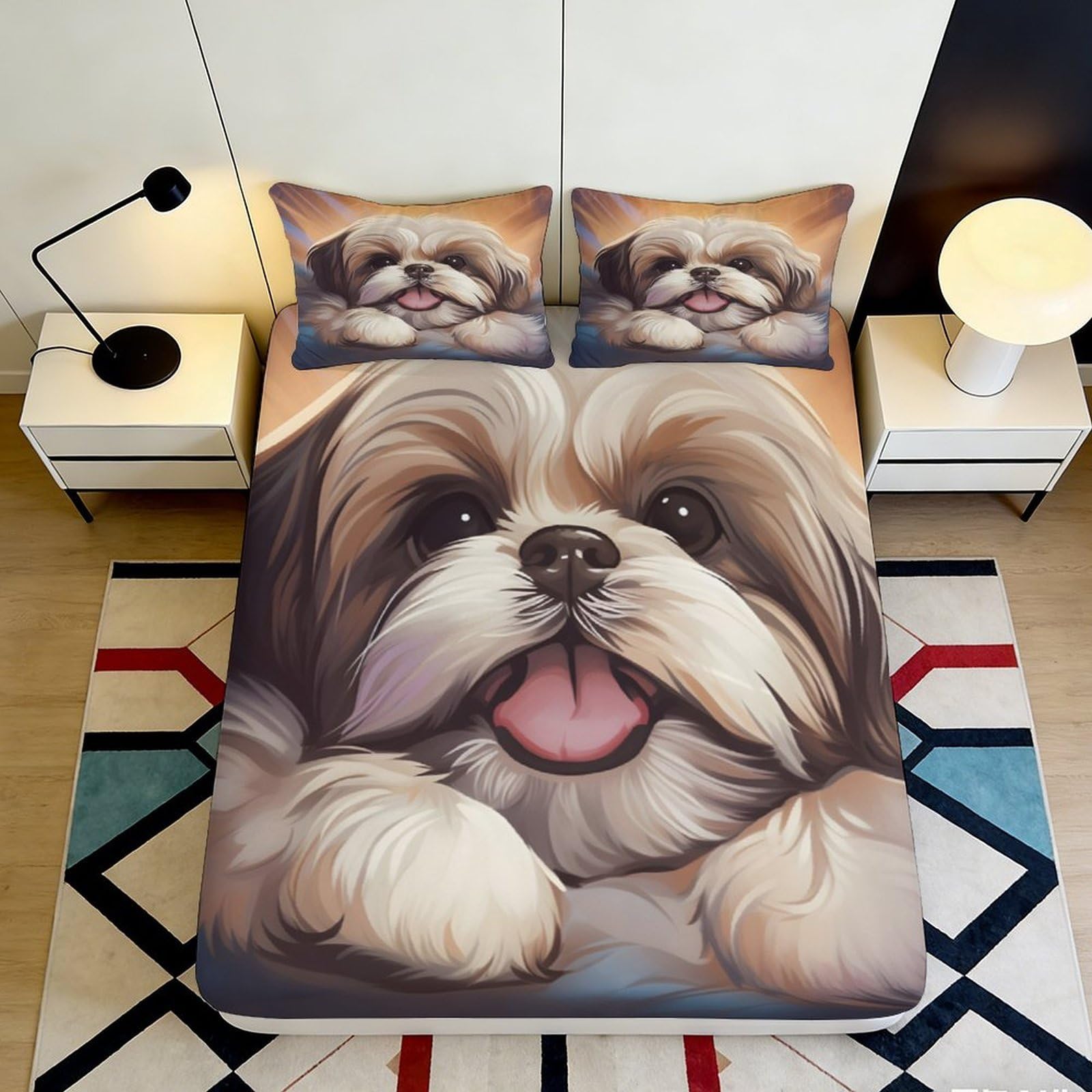 Pnayamiorkfel Style-5 3D Printed Shih Tzu Dog Fitted Sheet Microfiber Soft Washable Cartoon Puppy Bed Sheet For Bedroom Guest Room Decor 90X200x25cm