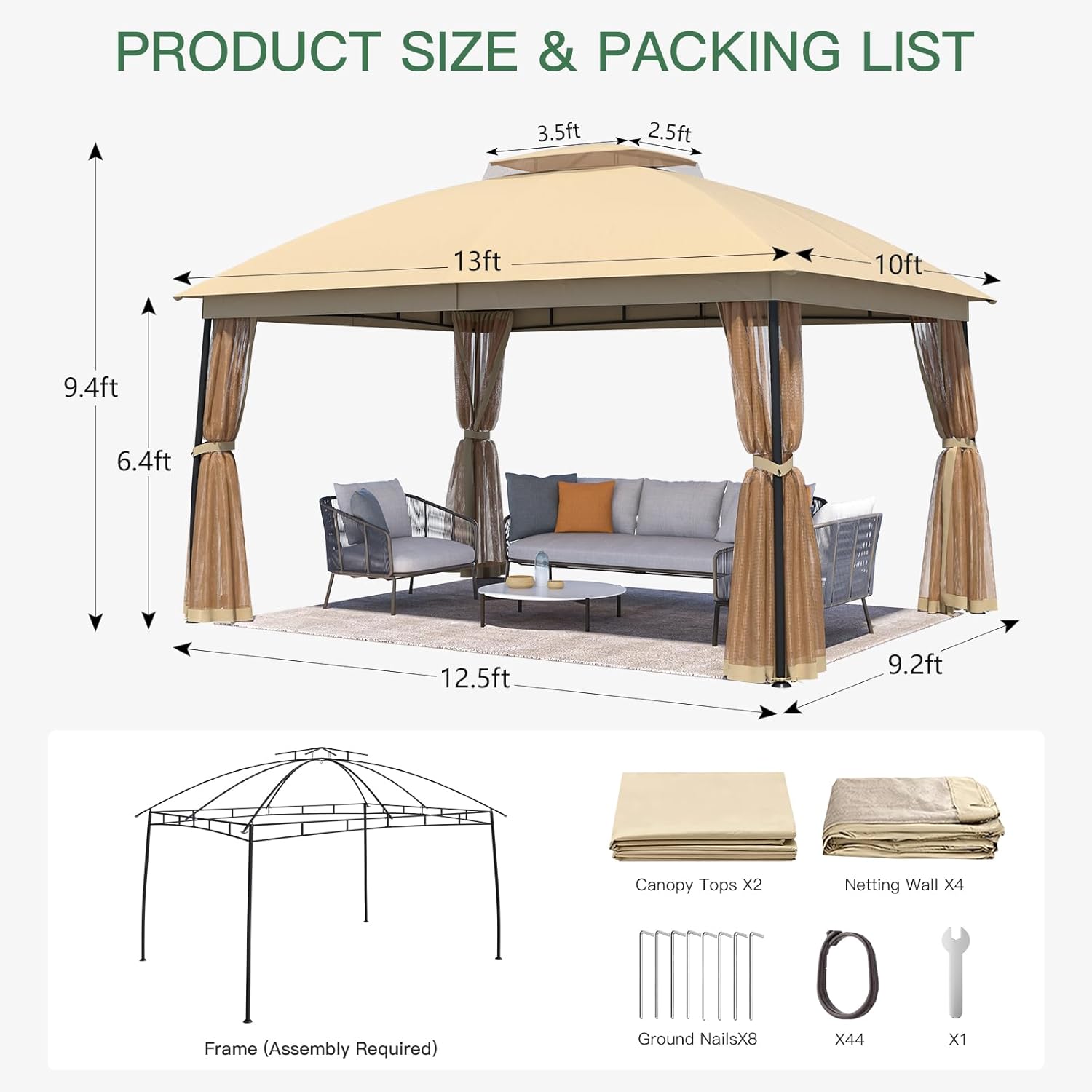 Diagram showing the product dimensions and a list of all included components for the EROMMY gazebo: frame, canopy tops, netting walls, ground nails, and tools.