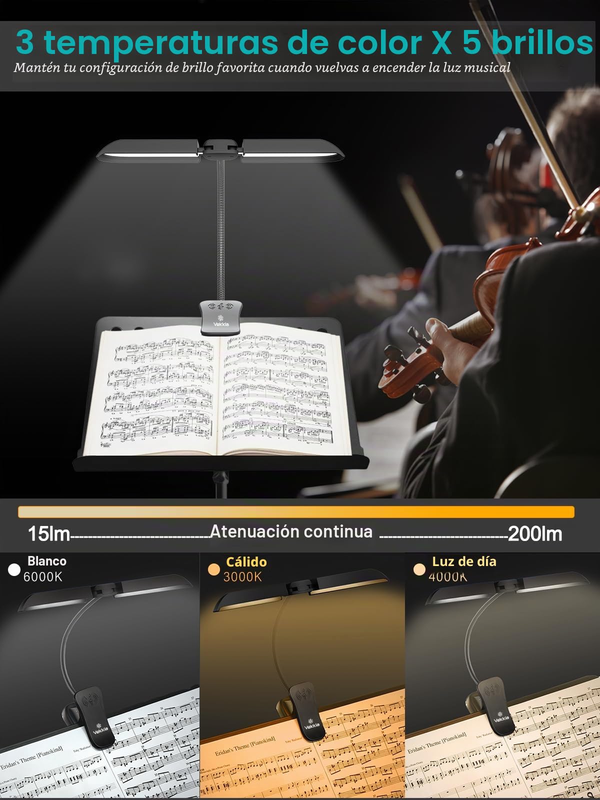 Vekkia Lámpara de atril recargable con 64 ledes, lámpara de piano plegable para cuidado de los ojos, portátil profesional 5 brillo x 3 temperatura de color, perfecta para piano, partituras, guitarra.