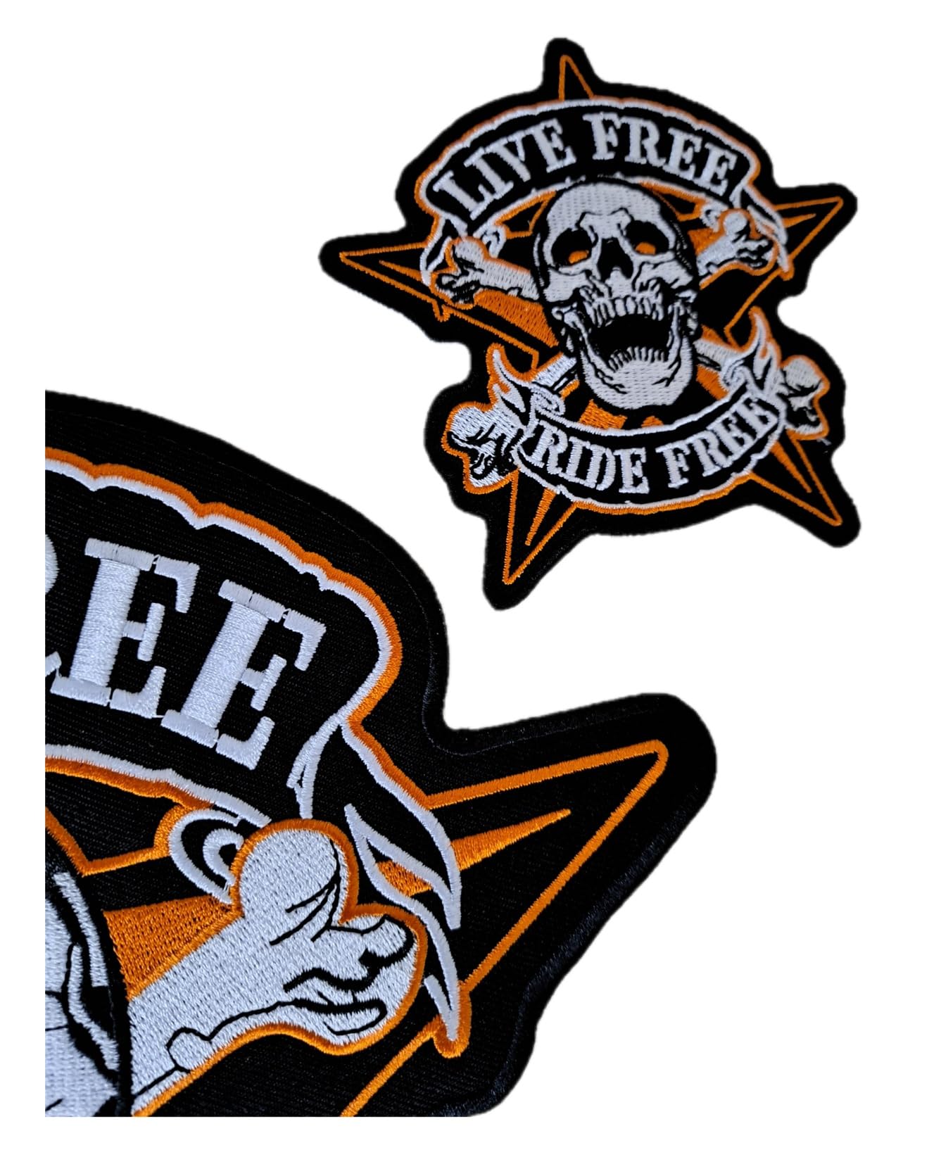 2 Aufnäher Totenkopf auf Stern "Live Free Ride Free" für Motorradjacke und Weste