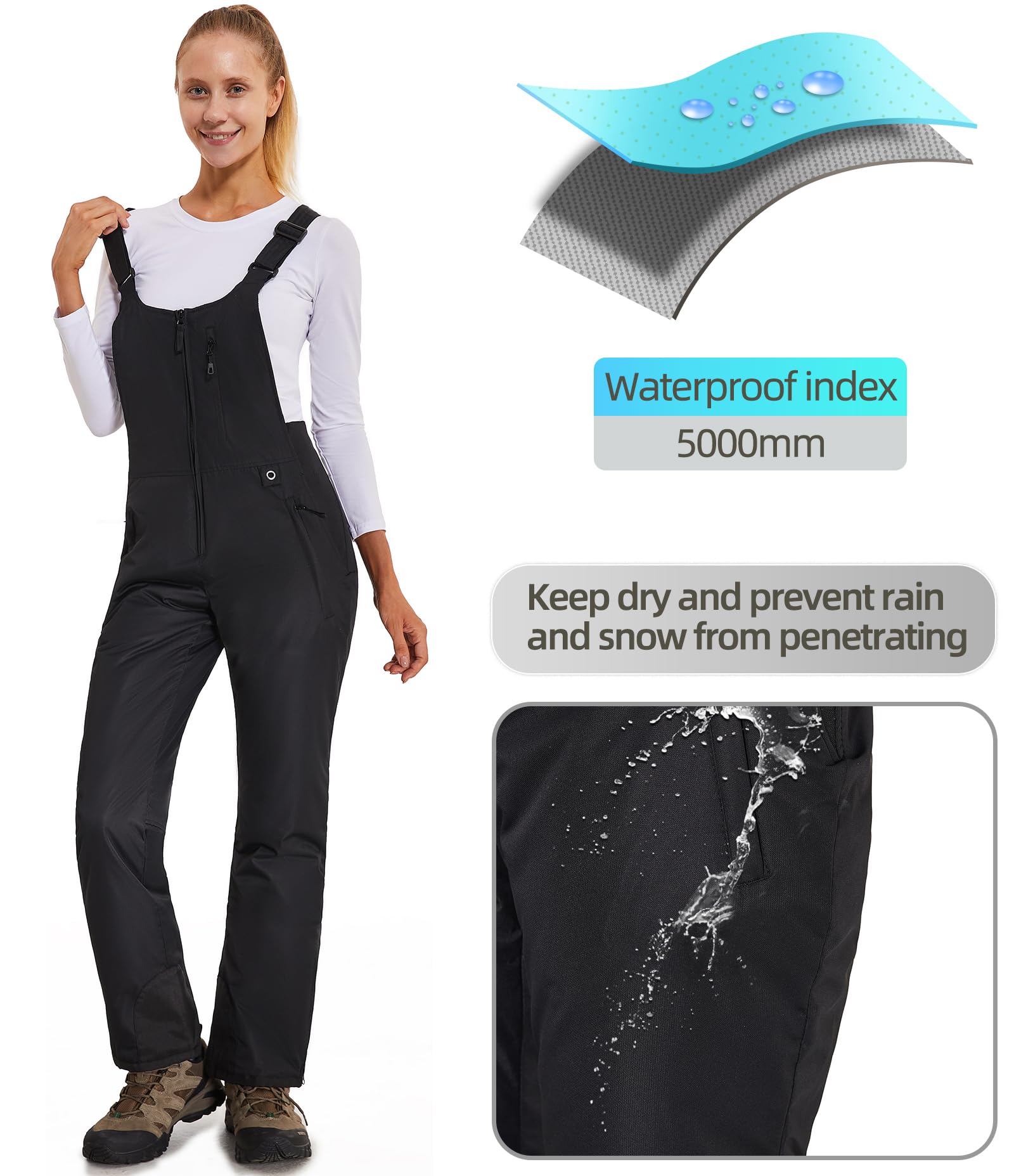 Damen Skihose Latzhose Wasserdicht Softshellhose Overall Winter Warm Gefüttert Schneehose Snowboardhose mit Verstellbaren Hosenträgerhose HXK8668W-Black-M