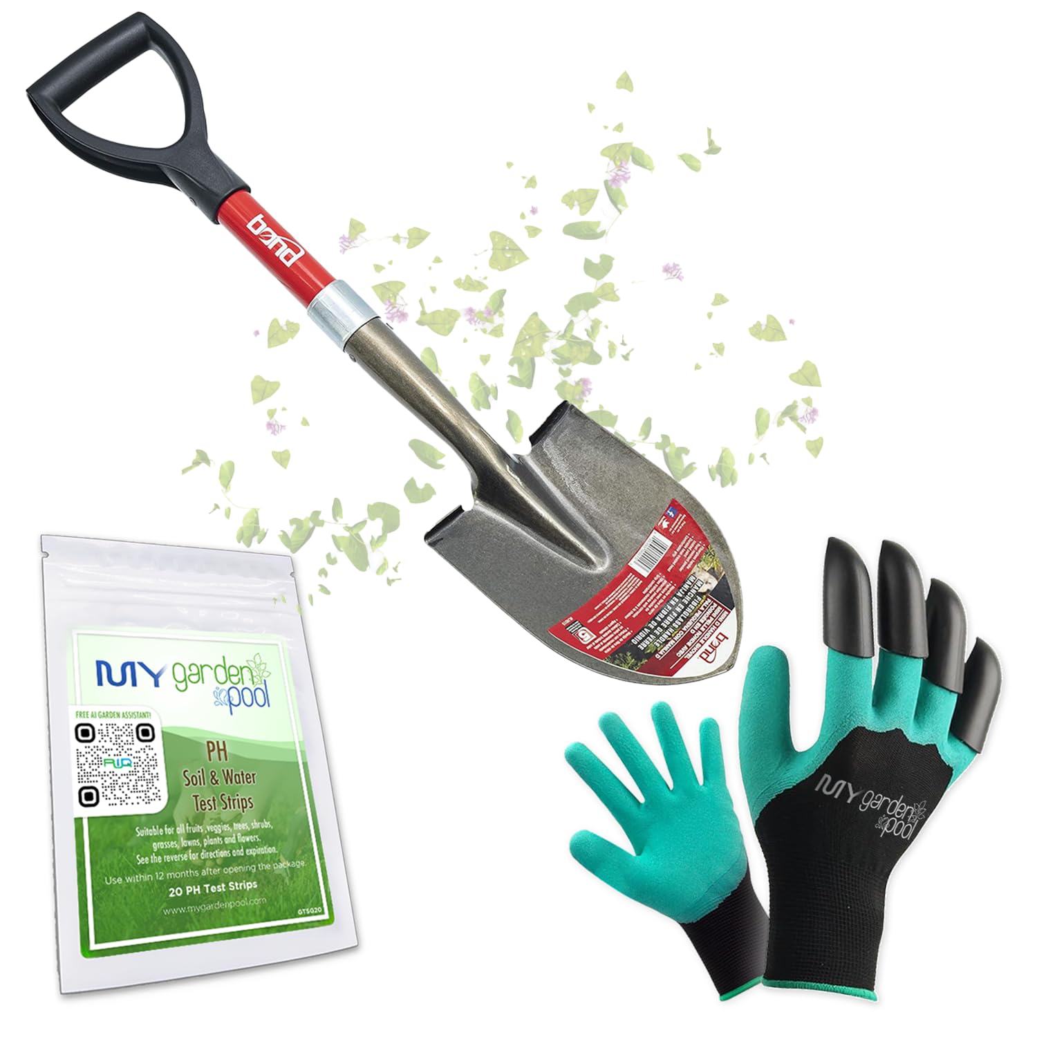 Bond LH015 Mini D Handle Shovel with My Garden Pool PH Soil Test Strips 20 ct, and My Garden Pool Superior Gardening Claw Gloves and Garden-IQ, Smart Gardening AI Assistant!