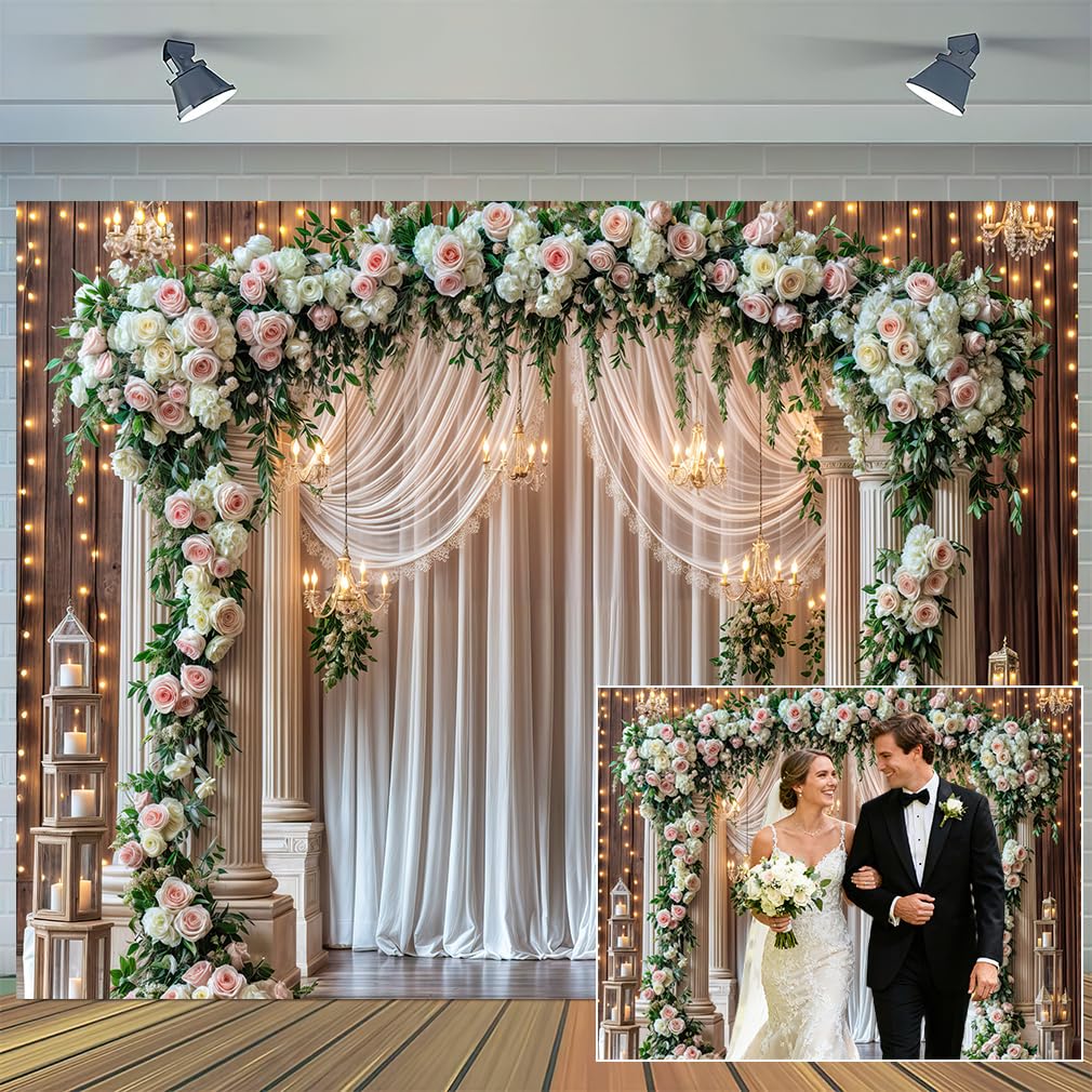 3 x 2,4 m ślub drewniane tło brokatowe biała zasłona róża kwiatowy ściana drzwi fotografia tło zachodnie vintage rocznica ślubu baner urodziny baby shower sesja zdjęciowa dekoracja rekwizyty dekoracja