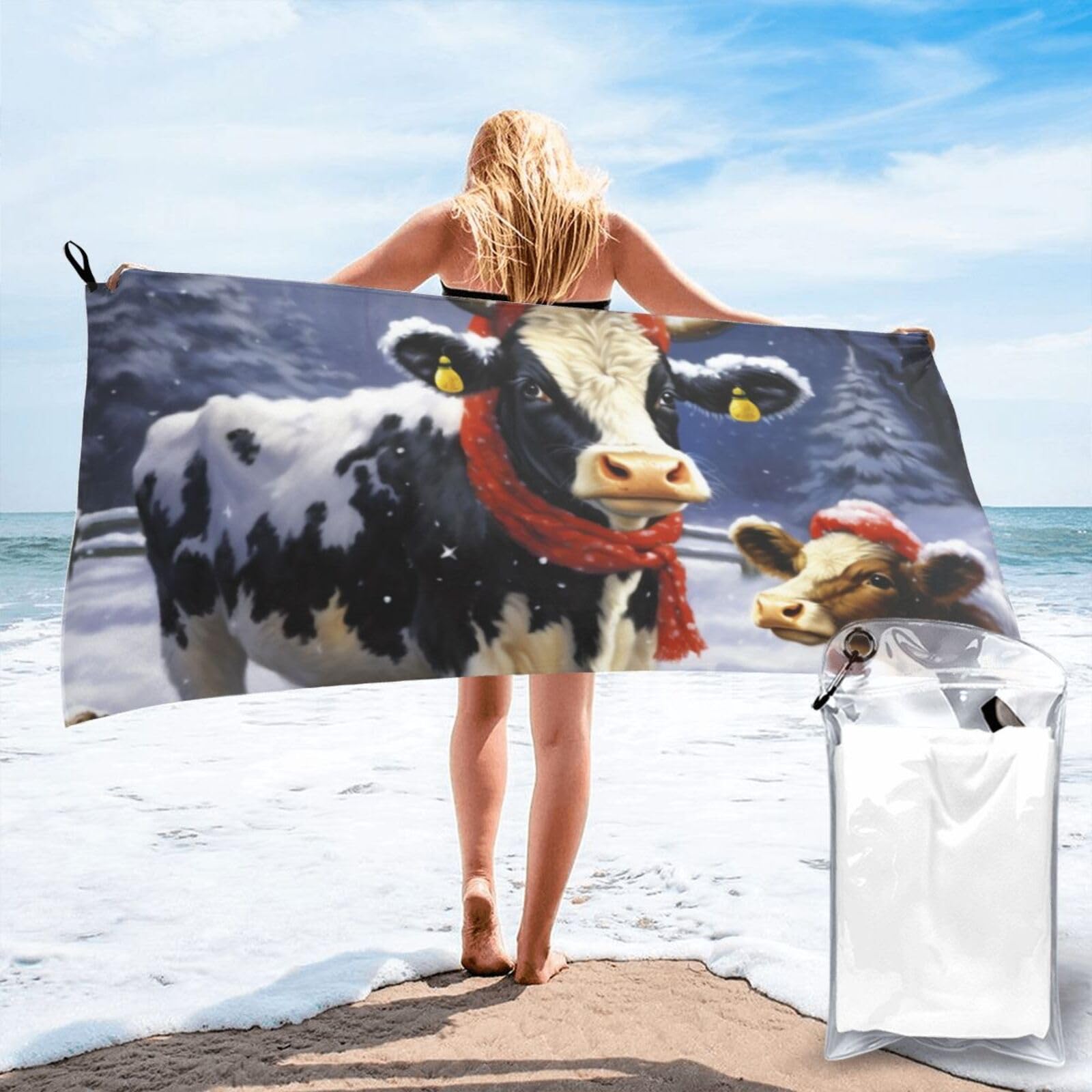 DWVTSLH Microfiber Sand Free Beach Towel 27.5"x55", Quick Dry Absorbent Travel Towel Large Camping Blanket, Christmas Snow Cow Bath Towels Lightweight Pool Swim Towels for Vacation Essentials