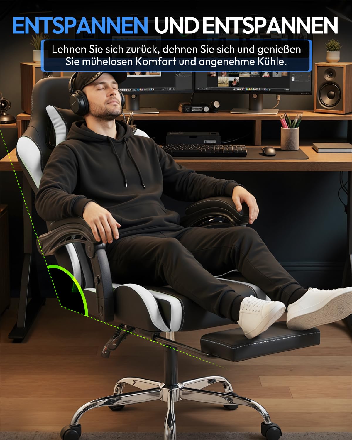 Dowinx sedia da gaming ergonomica con massaggio e poggiapiedi, poltrona gaming reclinabile 150°, braccioli regolabili, sedia ufficio imbottita, portata 180 kg, Bianco