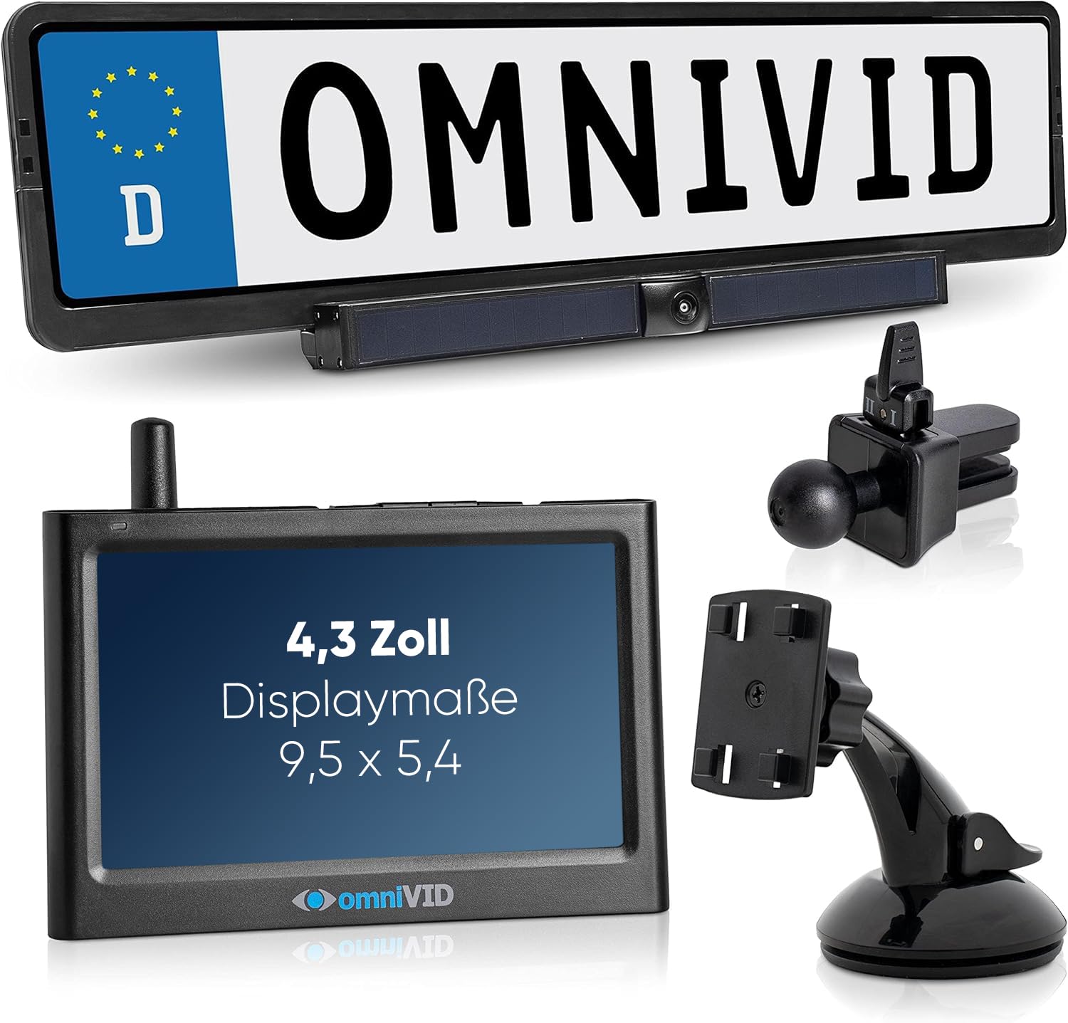 omniVID® Solar4 Premium Solar Rückfahrkamera-System, Kabellos mit 4,3 Zoll Monitor u. solarbetriebender Kamera zum Nachrüsten, Montage ohne Bohren, IP67 wasserdicht, Funk Einparkhilfe hinten o. vorne | Kabellos mit solarbetriebener Kamera, ohne Bohren nac