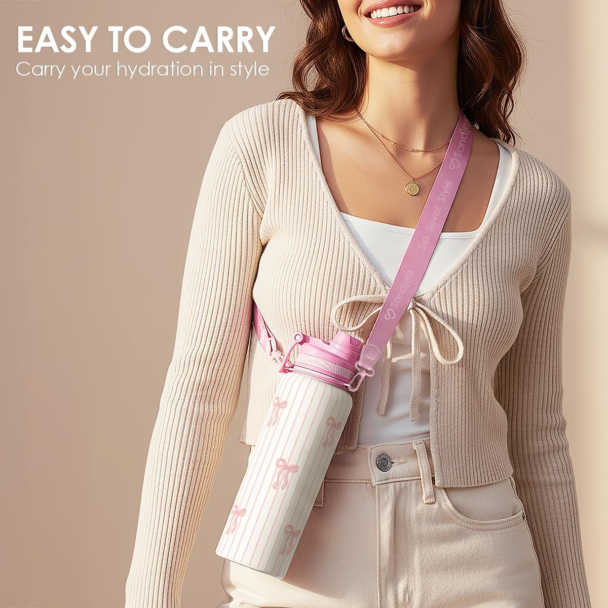 Bow Stainless Steel Water Bottle with Strap 32oz, Insulated Bottles with Straw and Spout Lid for Gym Sports Travel Outdoor, Gifts for Women Girls Birthday Christmas - Image 5