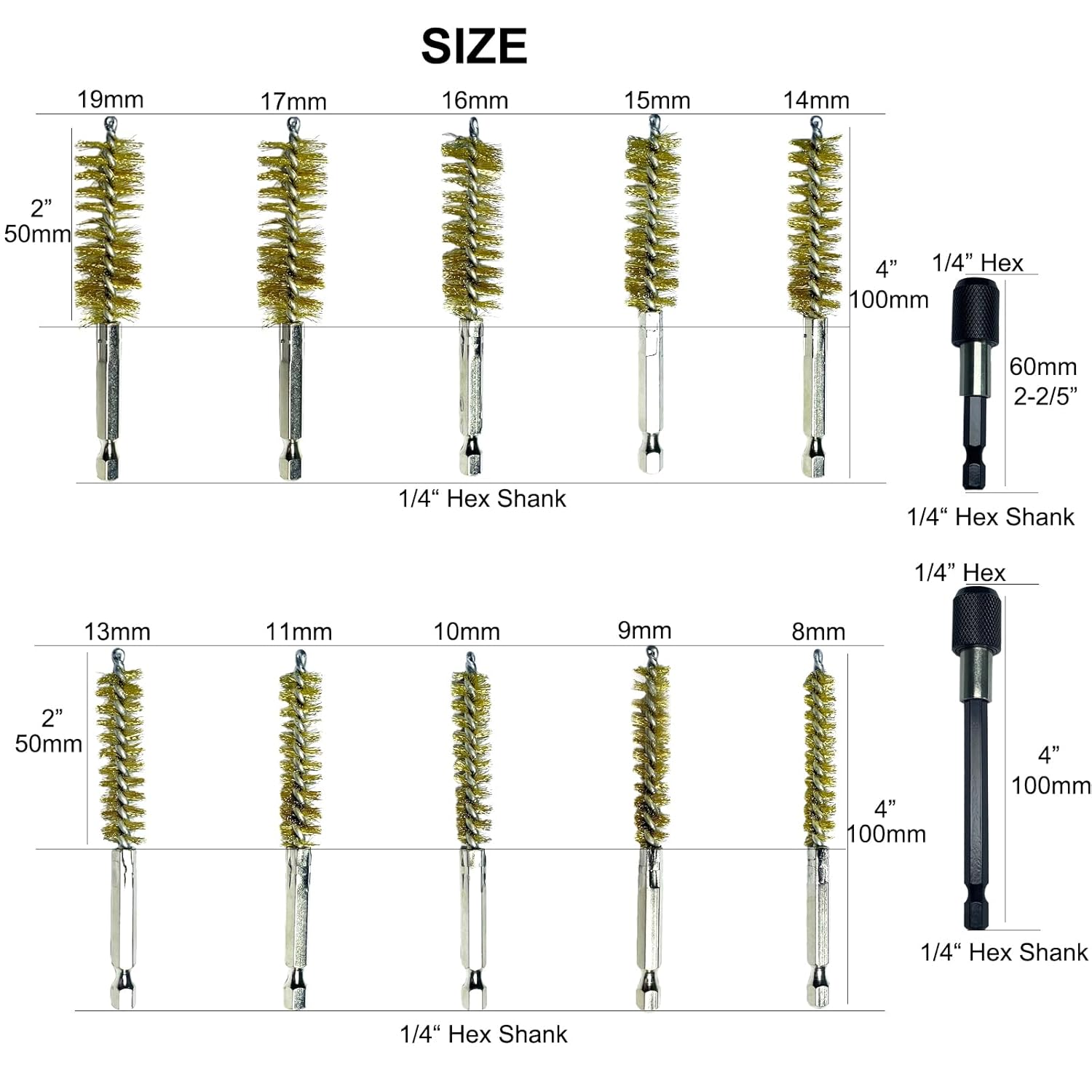 10 Piece Brass Bore Brush Kit with Extension Bar, Drill Wire Bore Cleaning Brushes, 1/4" Hex Shank Deep Hole Cleaning Set for Power Drills & Impact Drivers (8/9/10/11/13/14/15/16/17/19 mm)