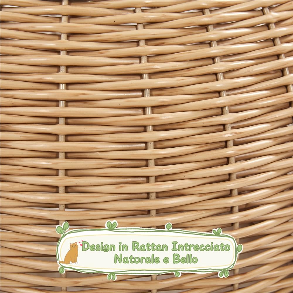 Albero Tiragraffi per Gatti 75 cm Cuccia per Gatti in Rattan Intrecciato PE con Cestino Superiore Rotondo in Sisal e Palla Appesa Beige