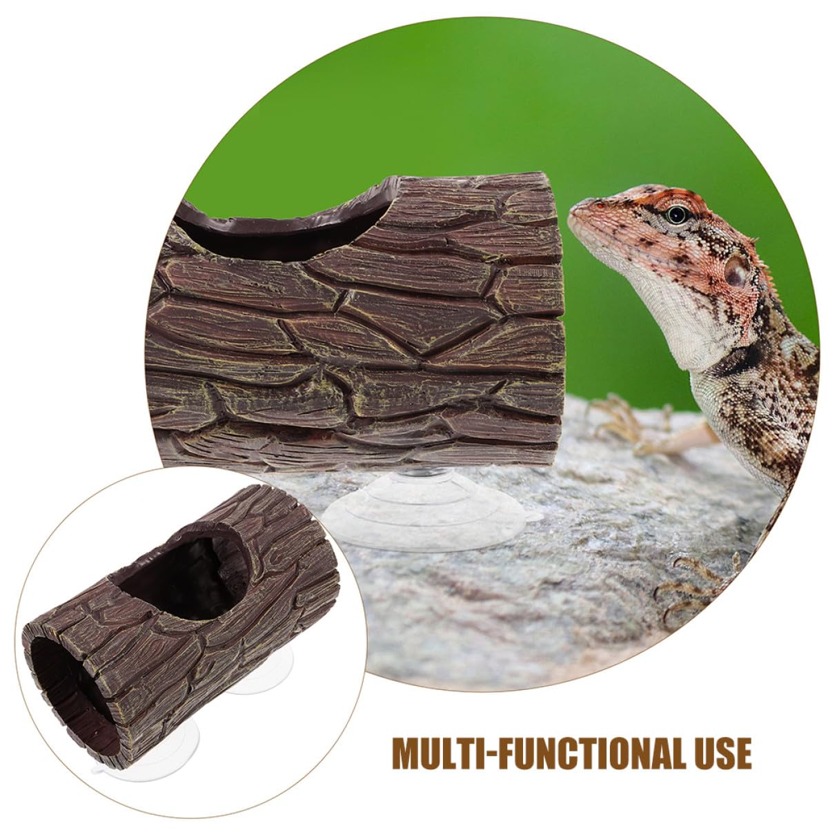ORFOFE Cachette Reptile Aspect Tronc d'arbre en Résine, Ventouse Fixation, Taille Moyenne, Habitat pour Geckos et Amphibiens, Décoration Terrariums