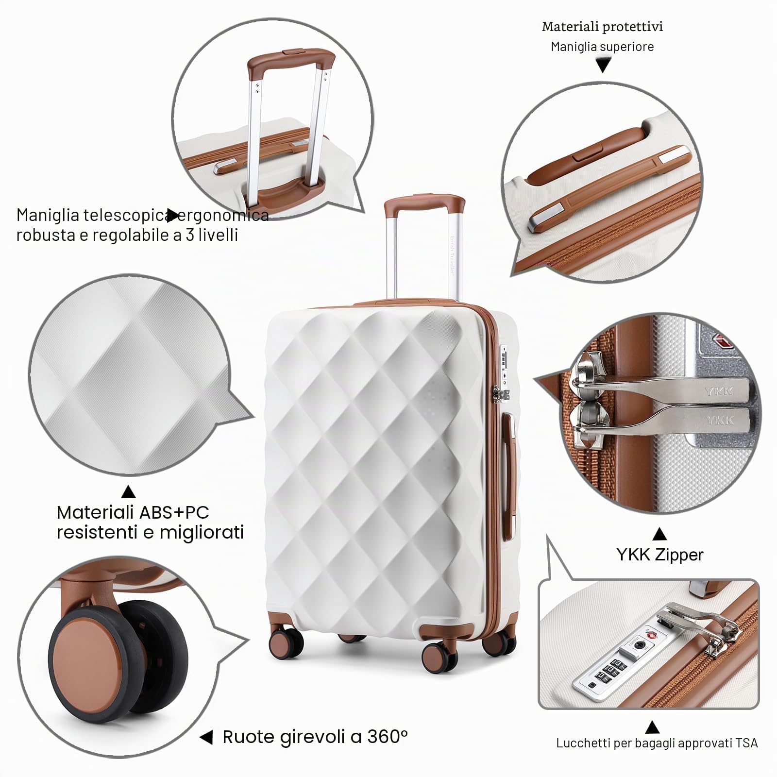British traveller Bagagli duri durevoli di ABS+PC con la chiusura lampo YKK della serratura di TSA delle ruote 4 del filatore, Bianco panna, M(medium 24inch), Valigia rigida