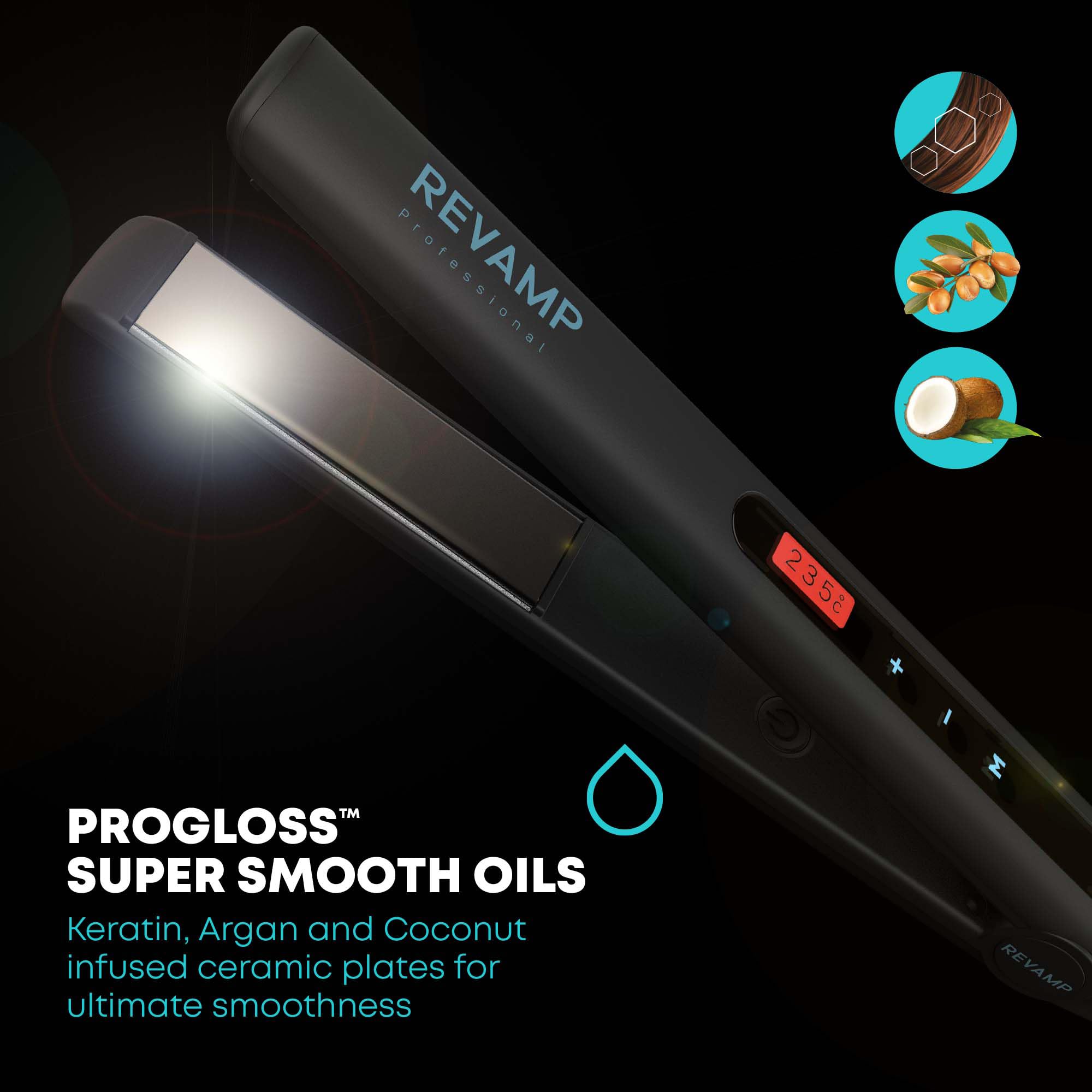 Revamp Progloss Touch Digital Ceramic Hair Straightener, For Professional Leveling And Locking, For Long And Short Hair, Professional Touch Temperature Control, 3 M Cable, Enriched With Progloss Oils