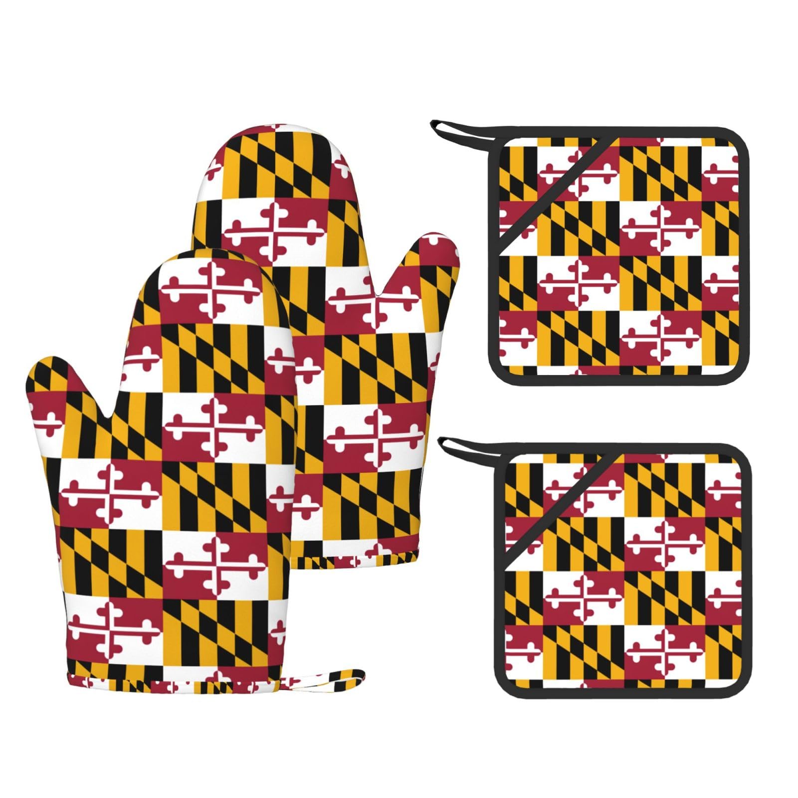 Nimongt Black Maryland State Flag Print Heat Resistant Gloves Pads Reusable Kitchen Set Oven Baking Grilling Cooking