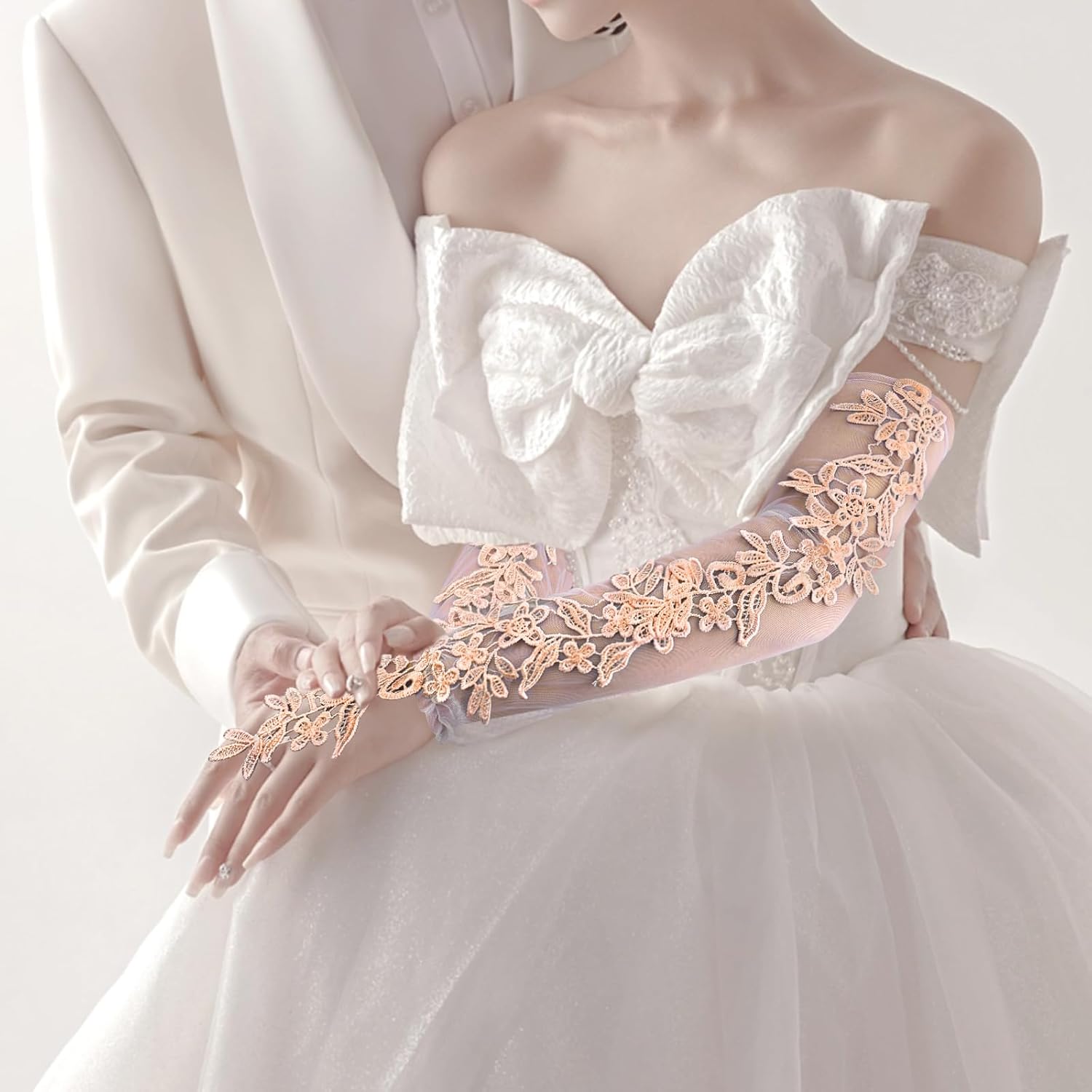 Specell Women's Long Lace Fingerless Gloves Sheer Mesh Tulle Elbow Length Gloves for Bridal Wedding Party Prom Dance Opera