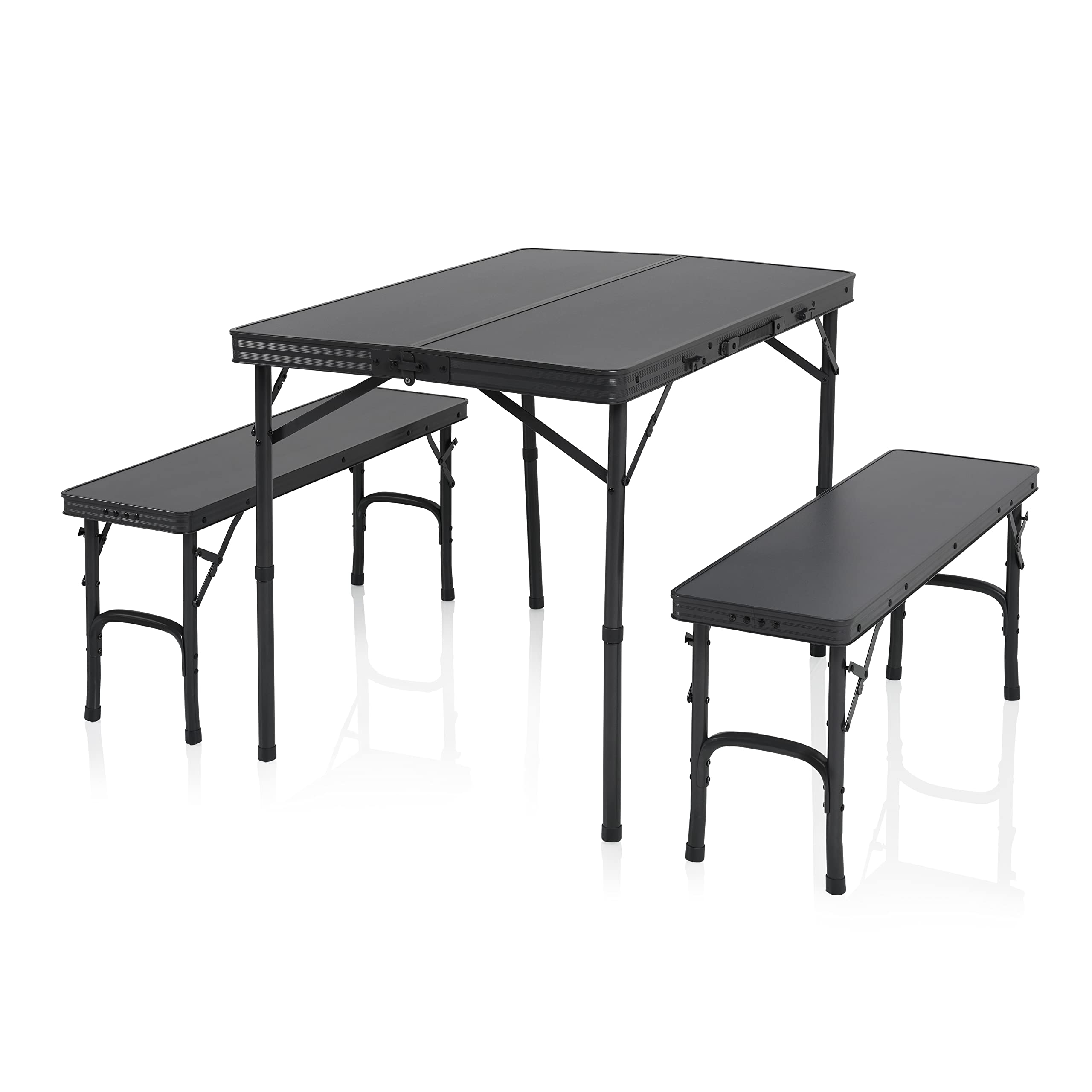 Campart table de camping pliable Maine - 2 bancs inclus - Pieds réglables, Noir
