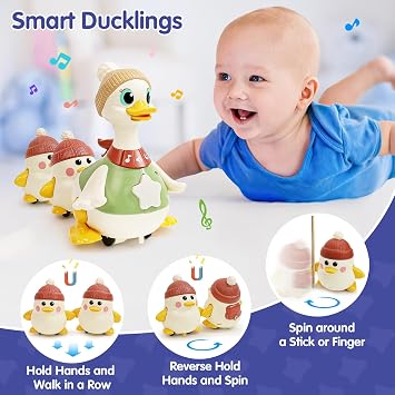 HOLA Musical Dancing Duck Toy Set with Mama and Babies, Tummy Time Baby Toys 6-12 Months, 2 Interactive Modes, Crawling Toys with Sounds & Lights, Birthday for 1 Year Old Boys Girls