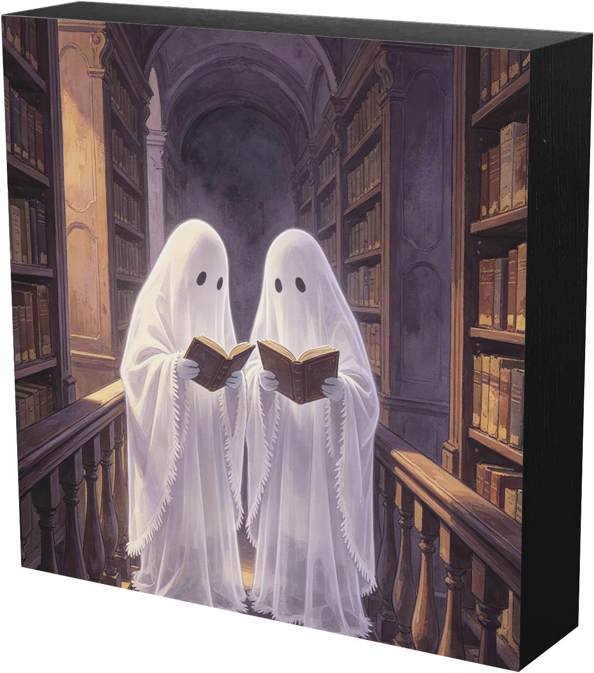 Cute Halloween Ghost Reading Book Wooden Box Sign, Library Reading Book Decor, Halloween Bookshelf Bookish Ghost Sign Decor for Home Library, 5x5 Inch
