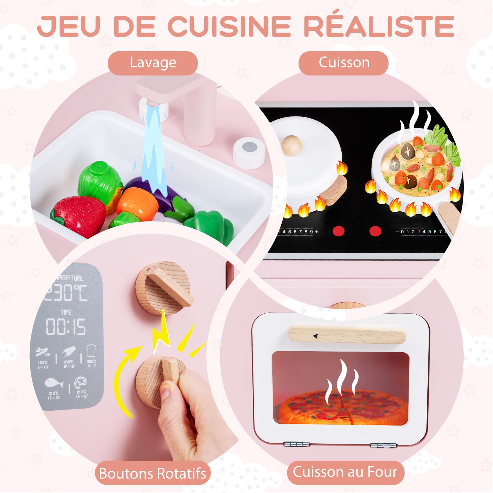 GOPLUS Cuisine Enfant, Cuisine en Bois Enfant avec Four, Cuisinière, Évier, Robinet et Ustensiles de Jeu, Jouet Montessori avec Armoire & Étagère, pour Garçons Filles 3+ Ans