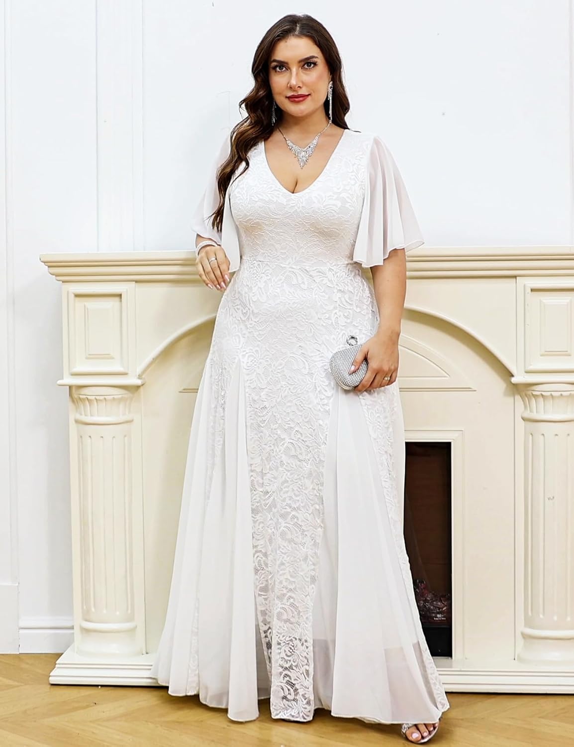 Plus Size Formal Lace Dress Maxi V Neck A-line Chiffon Wedding Guest Prom Evening Gown Gala Elegant Black Tie
