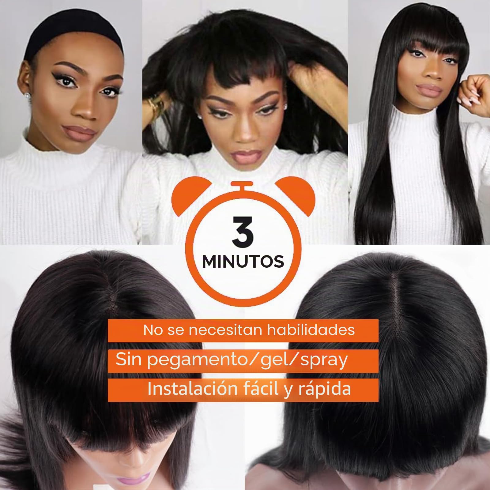 Pelucas Mujer Pelo Natural Derecha Wig Con Flequillo, 2x4 Peluca Negra Lace Front Pelucas Cabello Natural Humano 180% Densidad, Glueless Human Hair Wig With Bangs 16 Pulgadas